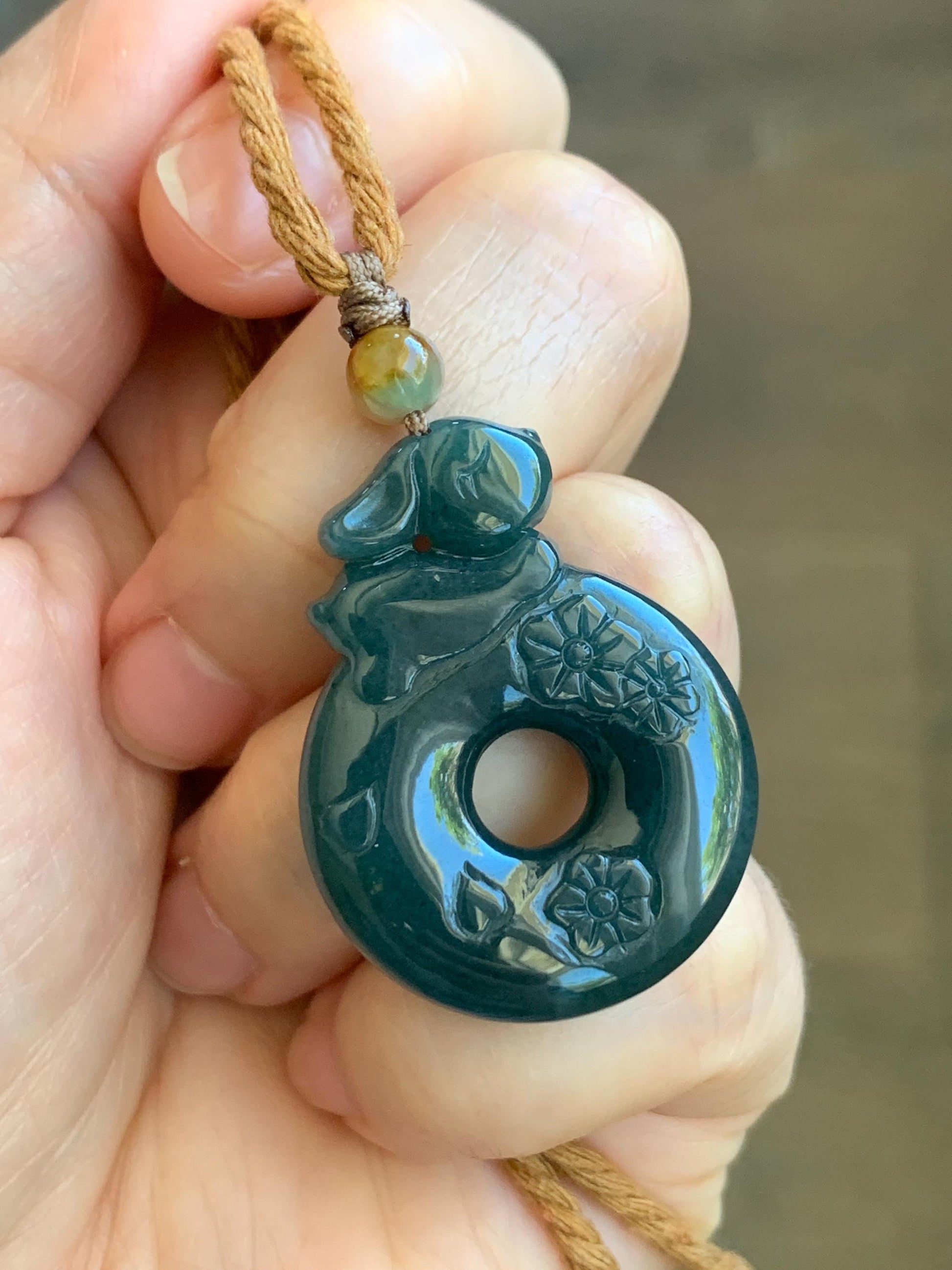 Natural Guatemalan Icy Translucent Deep Teal Blue Jadeite Rabbit Cherry Blossom Ping An Kou Donut Pendant Rope Necklace 天然冰危深蓝翡翠小兔梅花双面平安扣吊坠