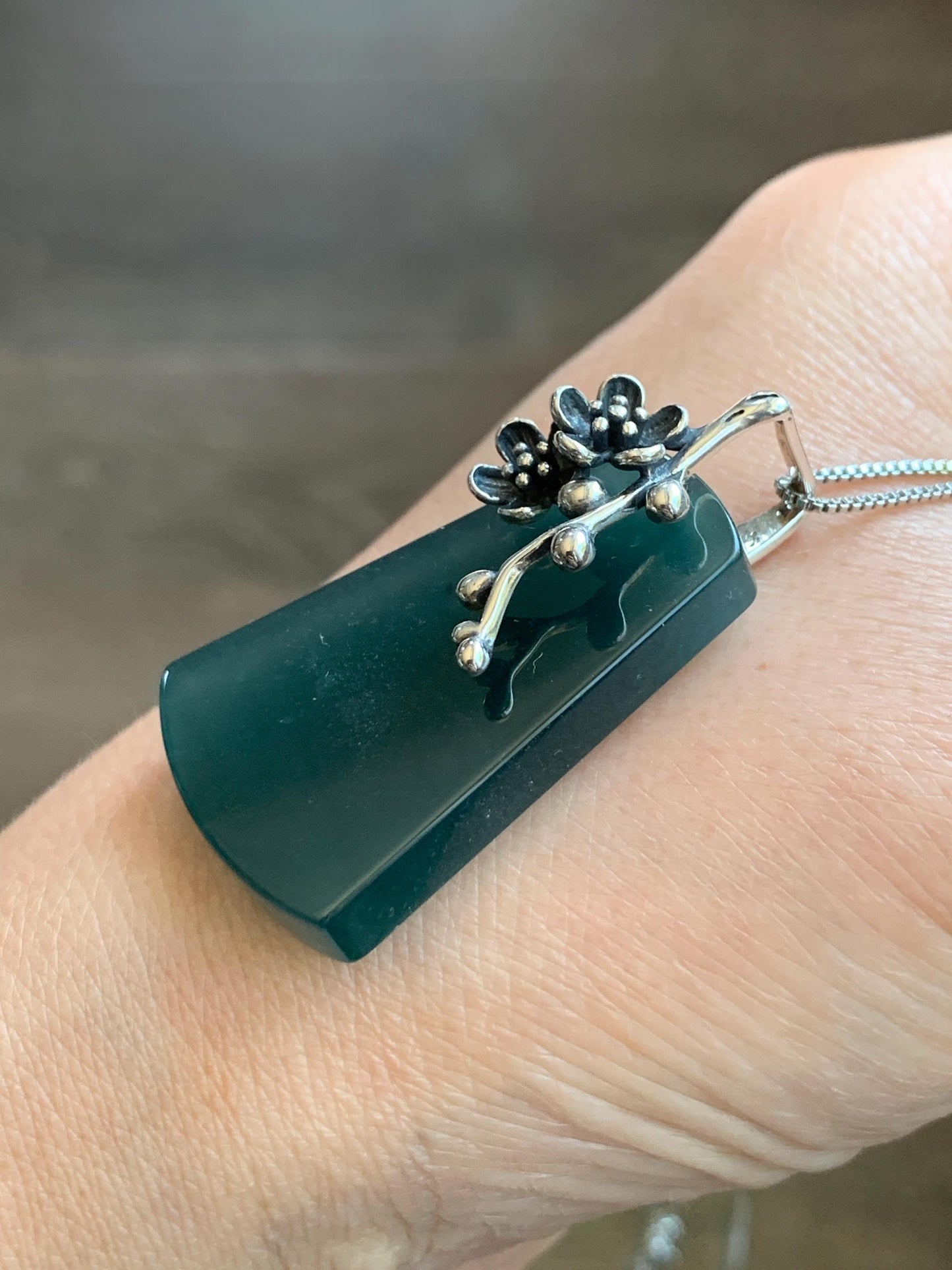 Natural Grade A Guatemalan Icy Translucent Dark Teal Blue Jade Jadeite Wu Shi Pai Pendant Sterling Silver 13g 天然冰危深湖水蓝翡翠梯形无事牌梅花枝吊坠 MHW100