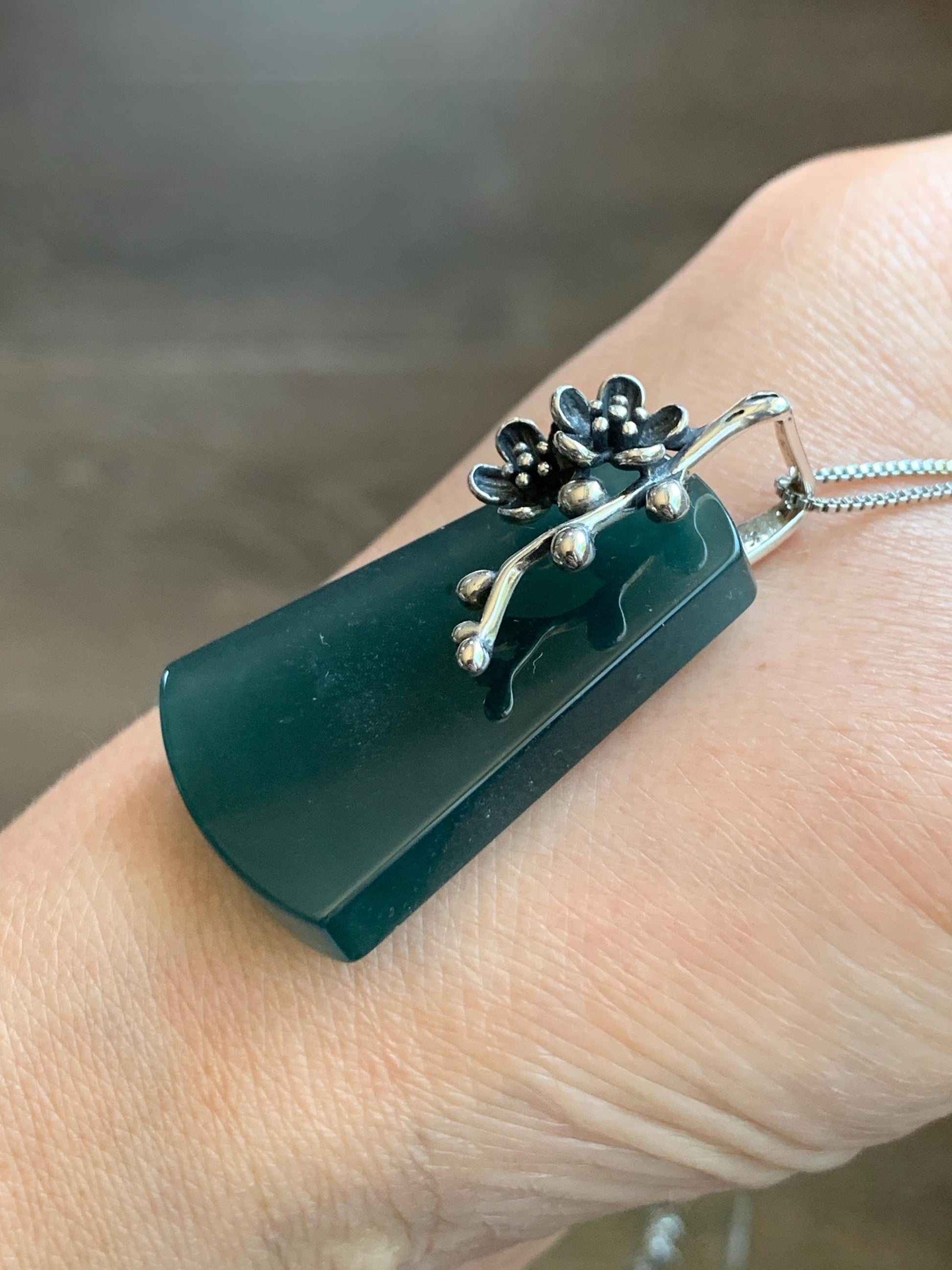 Natural Grade A Guatemalan Icy Translucent Dark Teal Blue Jade Jadeite Wu Shi Pai Pendant Sterling Silver 13g 天然冰危深湖水蓝翡翠梯形无事牌梅花枝吊坠 MHW100