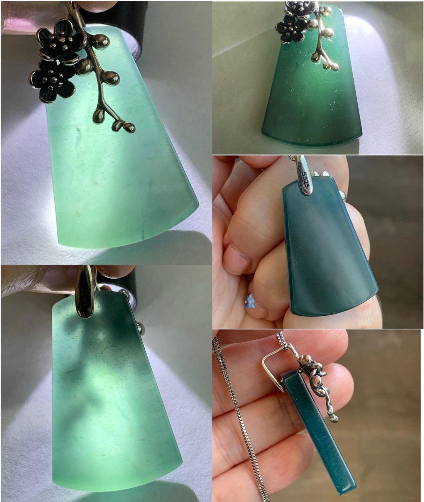 Natural Grade A Guatemalan Icy Translucent Dark Teal Blue Jade Jadeite Wu Shi Pai Pendant Sterling Silver 13g 天然冰危深湖水蓝翡翠梯形无事牌梅花枝吊坠 MHW100