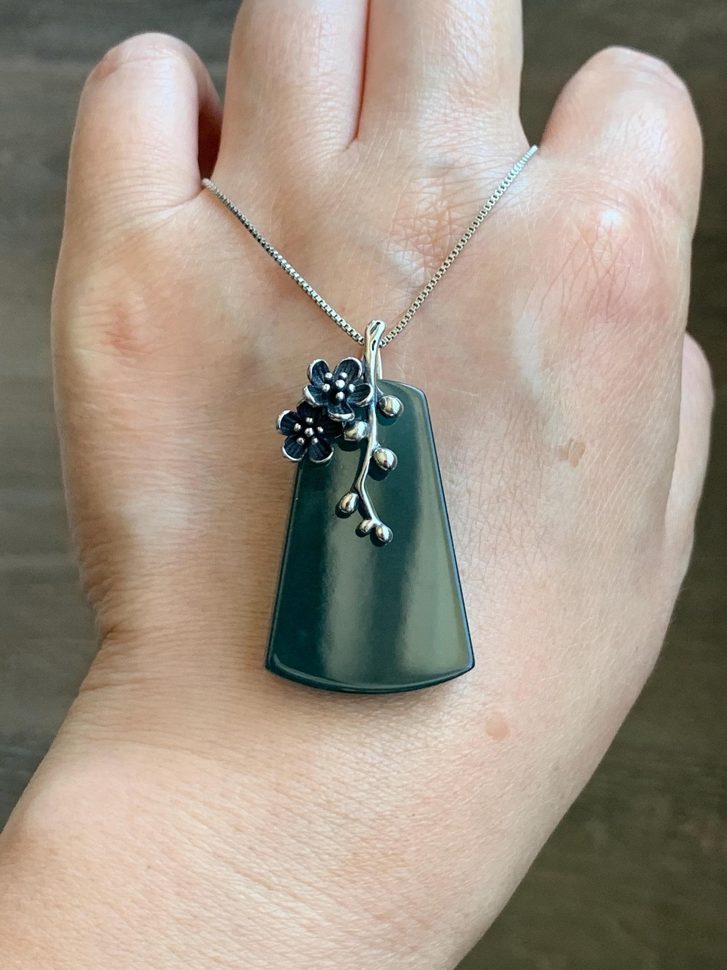 Natural Grade A Guatemalan Icy Translucent Dark Teal Blue Jade Jadeite Wu Shi Pai Pendant Sterling Silver 13g 天然冰危深湖水蓝翡翠梯形无事牌梅花枝吊坠 MHW100