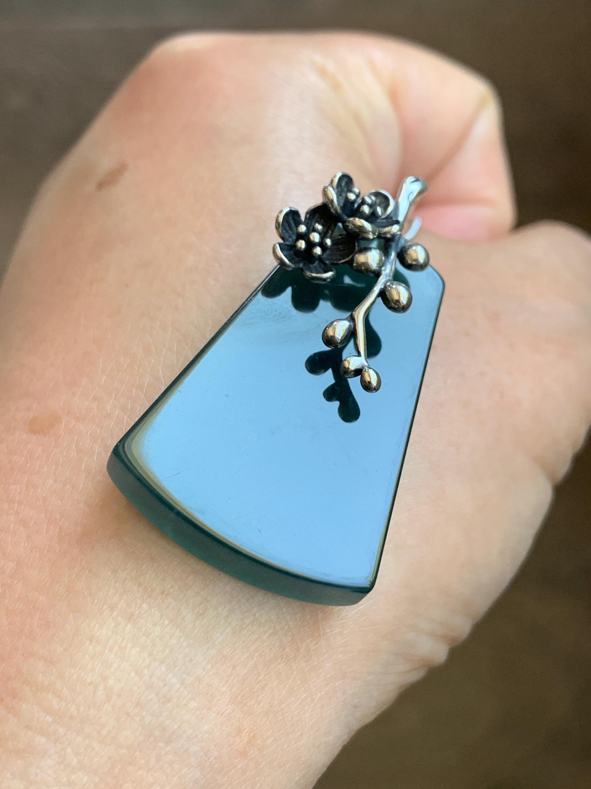 Natural Grade A Guatemalan Icy Translucent Dark Teal Blue Jade Jadeite Wu Shi Pai Pendant Sterling Silver 13g 天然冰危深湖水蓝翡翠梯形无事牌梅花枝吊坠 MHW100