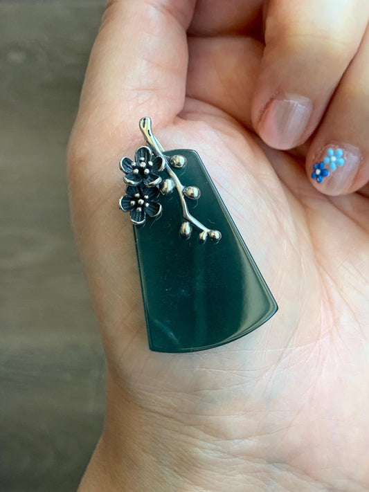 Natural Grade A Guatemalan Icy Translucent Dark Teal Blue Jade Jadeite Wu Shi Pai Pendant Sterling Silver 13g 天然冰危深湖水蓝翡翠梯形无事牌梅花枝吊坠 MHW100