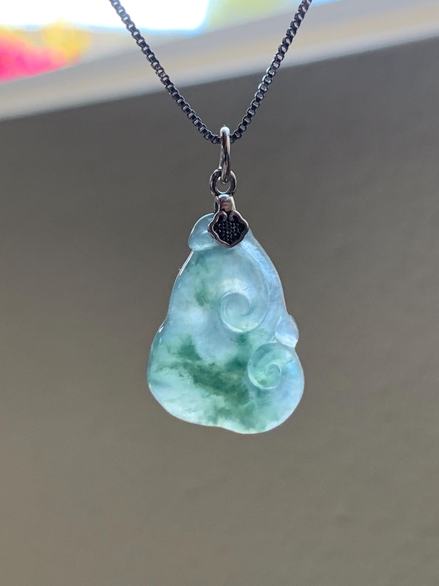 Natural Grade A Icy Highly Translucent Gelatinous Green Marbled Jadeite Pudgy Ruyi Petite Pendant Sterling Silver 3g 天然冰胶老种飘绿花翡翠如意吊坠 MPR190