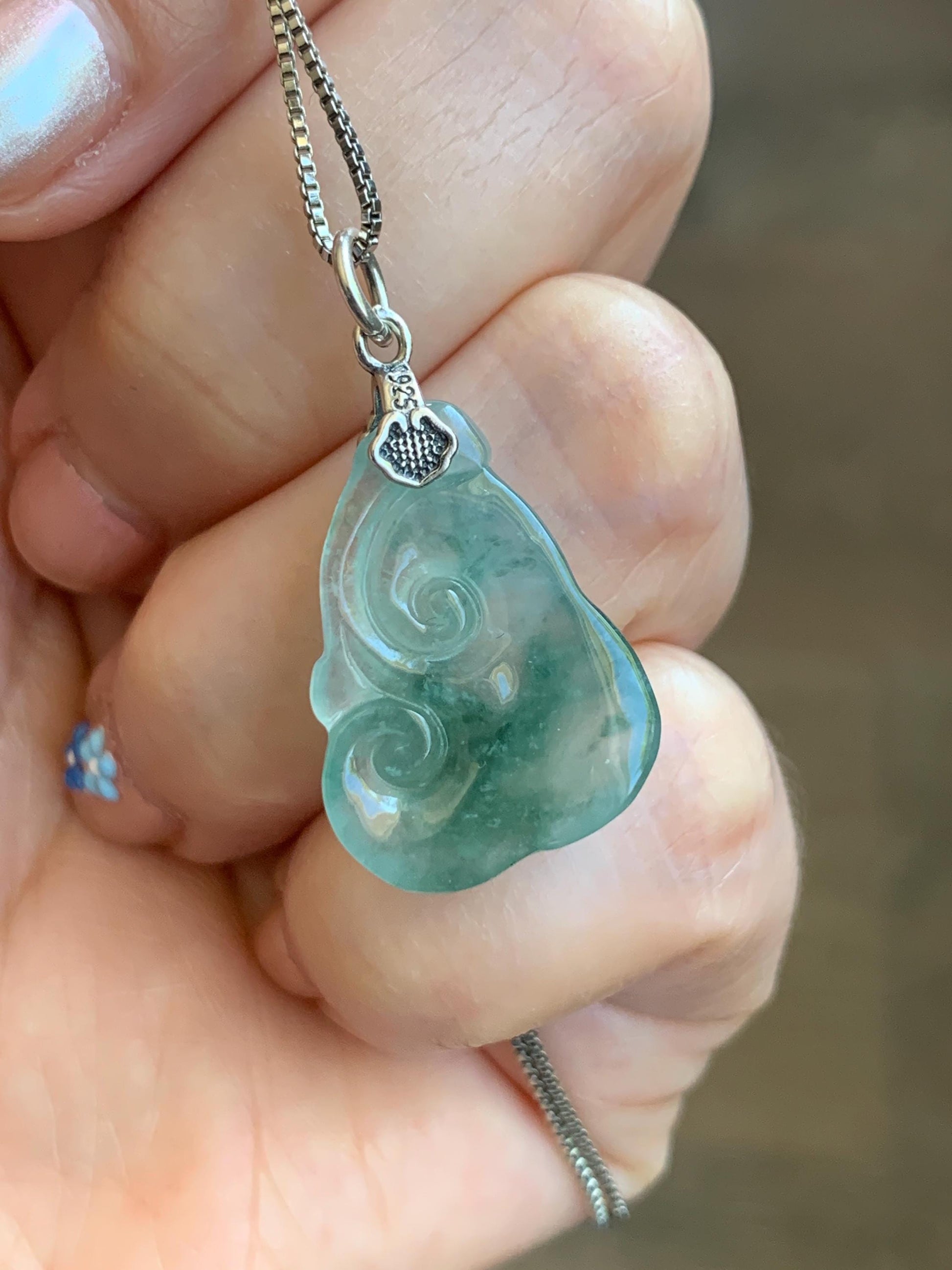 Natural Grade A Icy Highly Translucent Gelatinous Green Marbled Jadeite Pudgy Ruyi Petite Pendant Sterling Silver 3g 天然冰胶老种飘绿花翡翠如意吊坠 MPR190