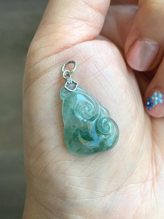 Natural Grade A Icy Highly Translucent Gelatinous Green Marbled Jadeite Pudgy Ruyi Petite Pendant Sterling Silver 3g 天然冰胶老种飘绿花翡翠如意吊坠 MPR190
