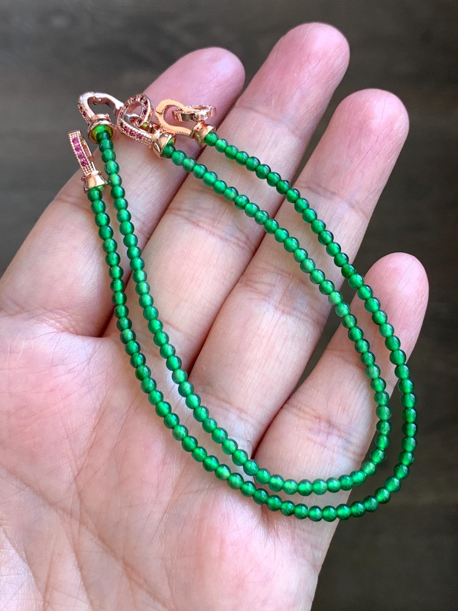 Natural Grade A Guatemalan Icy Highly Translucent Green Jadeite Petite Beads Beaded Bracelet 7” 2.6mm 3g 天然高冰危绿翡翠小卡圆珠手串 XWS330