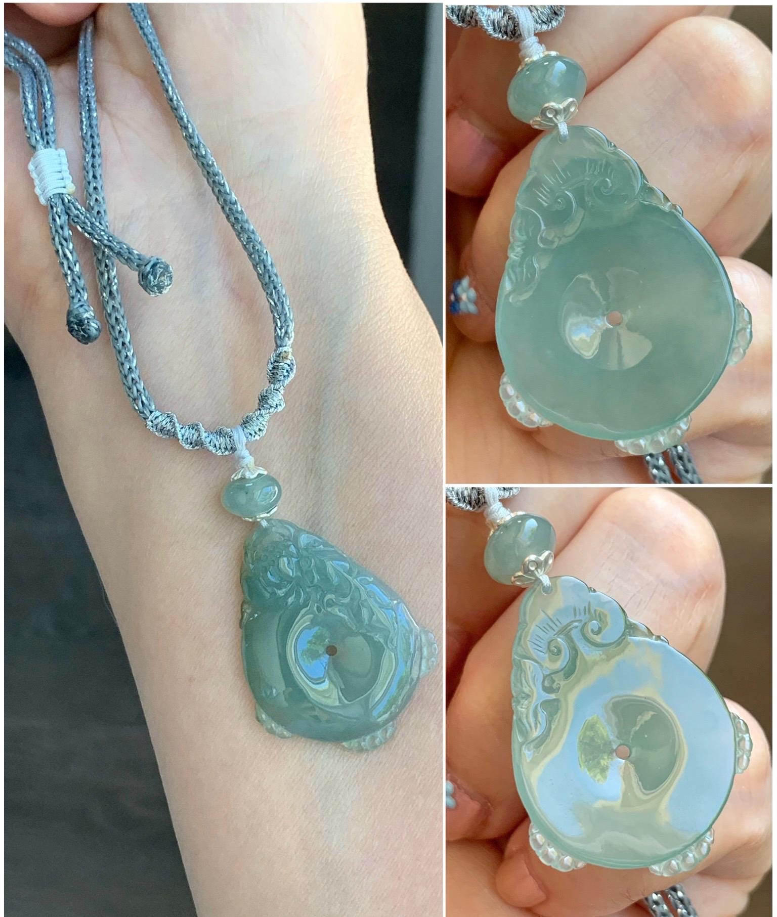 Certified Natural Grade A Icy Translucent Jadeite Lotus Flower Goldfish Ping An Kou Donut Pendant Rope Necklace 6g 天然老种冰胶晴色翡翠莲花鱼平安扣吊坠项链 1693