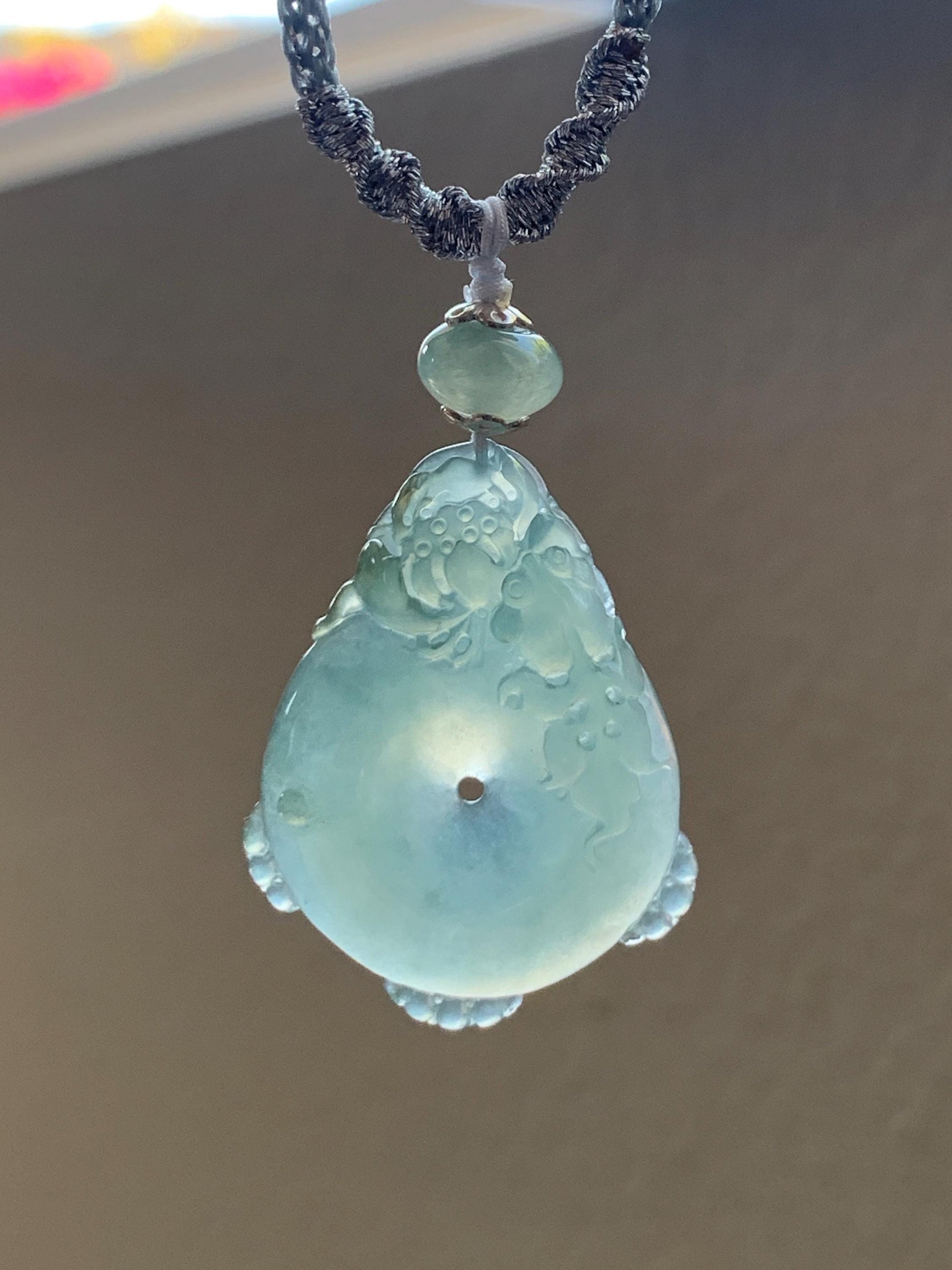 Certified Natural Grade A Icy Translucent Jadeite Lotus Flower Goldfish Ping An Kou Donut Pendant Rope Necklace 6g 天然老种冰胶晴色翡翠莲花鱼平安扣吊坠项链 1693