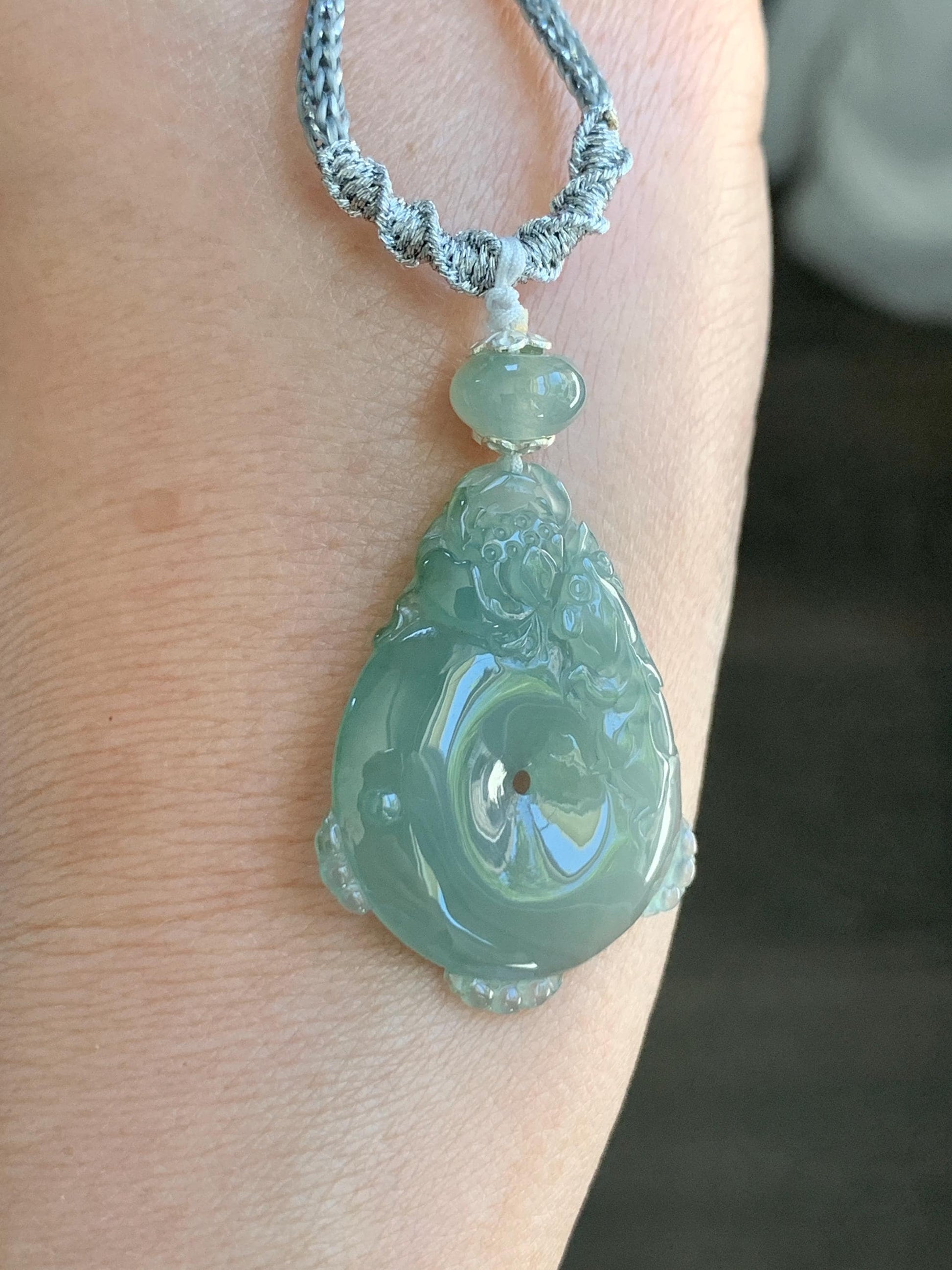 Certified Natural Grade A Icy Translucent Jadeite Lotus Flower Goldfish Ping An Kou Donut Pendant Rope Necklace 6g 天然老种冰胶晴色翡翠莲花鱼平安扣吊坠项链 1693