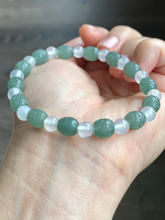 Natural Grade A Icy Translucent Gelatinous Dusty Green Jadeite Engraved Barrel Beads Agates Beaded Bracelet 7" or 7.5” 天然冰胶淡绿翡翠仿古桶珠手串 FGZ368