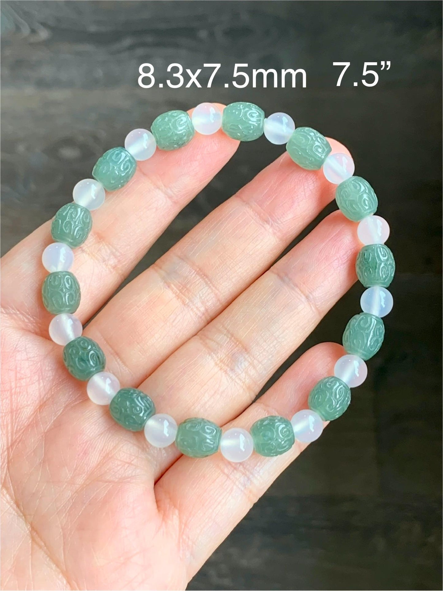 Natural Grade A Icy Translucent Gelatinous Dusty Green Jadeite Engraved Barrel Beads Agates Beaded Bracelet 7" or 7.5” 天然冰胶淡绿翡翠仿古桶珠手串 FGZ368
