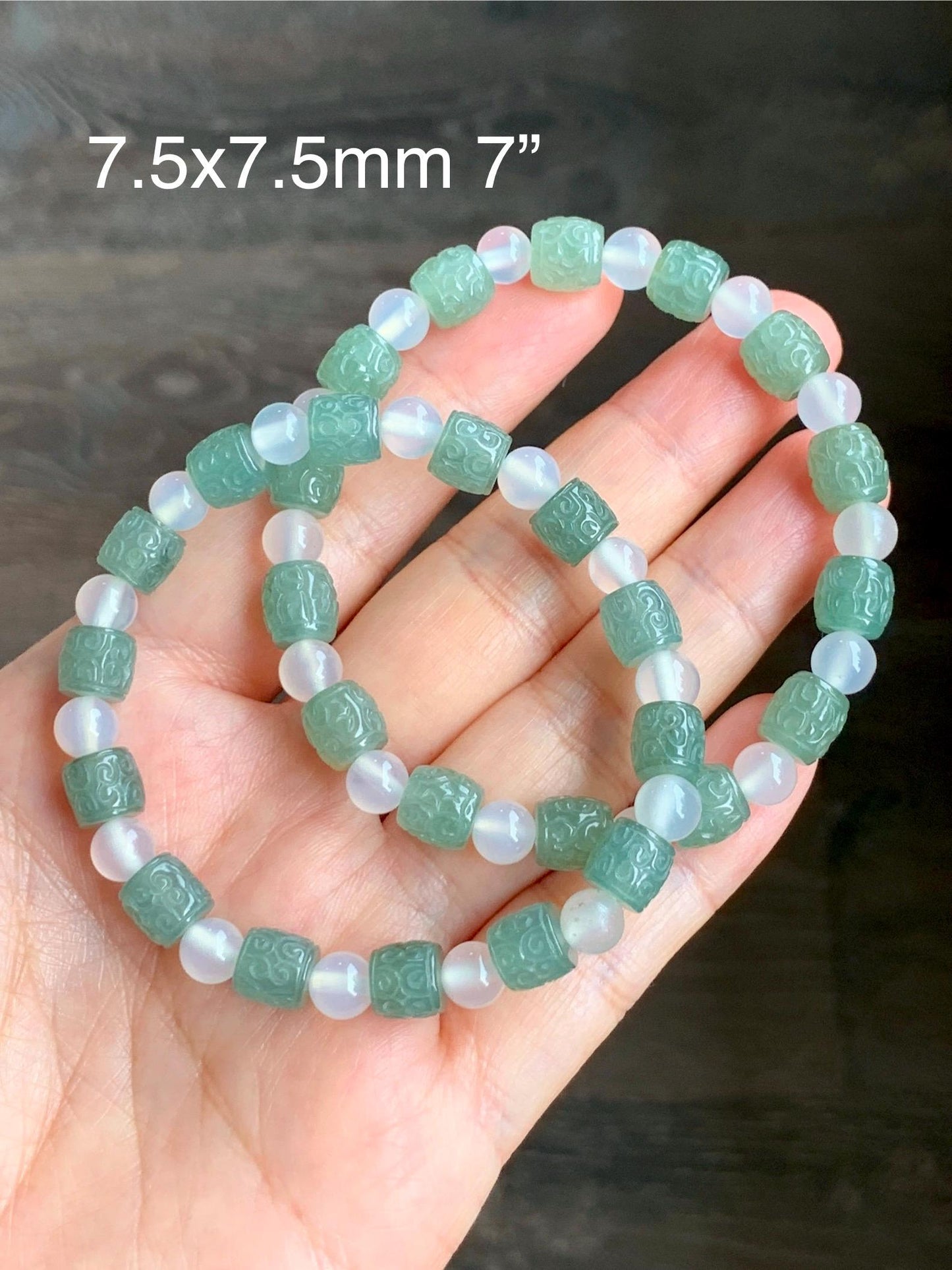 Natural Grade A Icy Translucent Gelatinous Dusty Green Jadeite Engraved Barrel Beads Agates Beaded Bracelet 7" or 7.5” 天然冰胶淡绿翡翠仿古桶珠手串 FGZ368