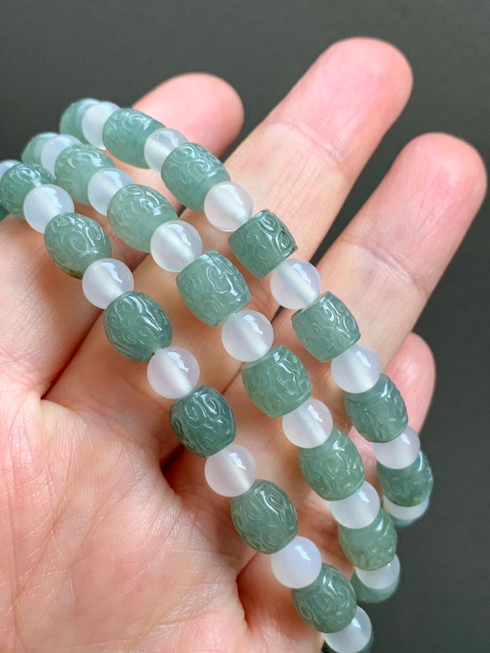Natural Grade A Icy Translucent Gelatinous Dusty Green Jadeite Engraved Barrel Beads Agates Beaded Bracelet 7" or 7.5” 天然冰胶淡绿翡翠仿古桶珠手串 FGZ368