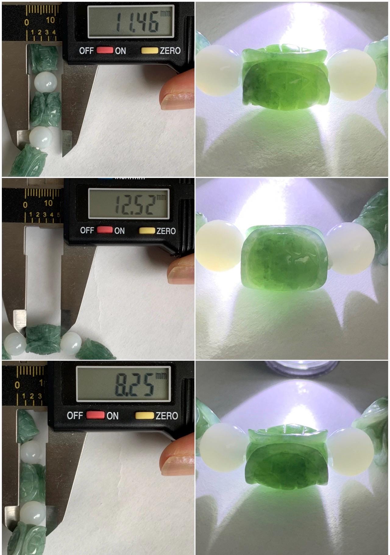 Natural Grade A Translucent Dusty Green Jade Jadeite Carved Turtle Shell Charm Beaded Bracelet 7.75” 36g Stretchy 天然糯种豆绿翡翠富甲玛瑙手串 FJL336