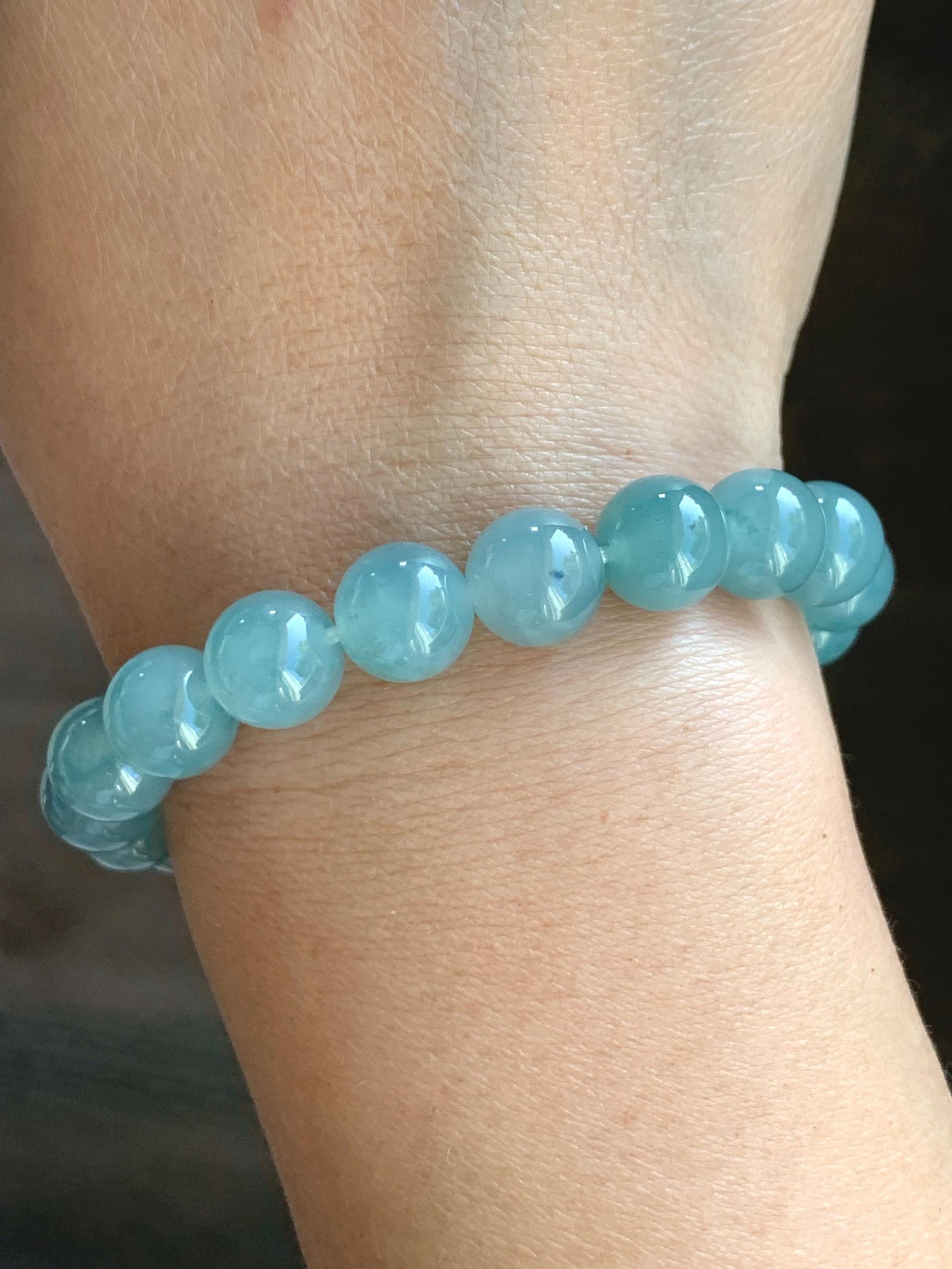 Natural Grade A Guatemalan Icy Highly Translucent Gelatinous Light Teal Blue Jadeite Beaded Bracelet 7.25” 9.7mm 30g 天然冰胶危浅蓝翡翠圆珠手串 WTL308