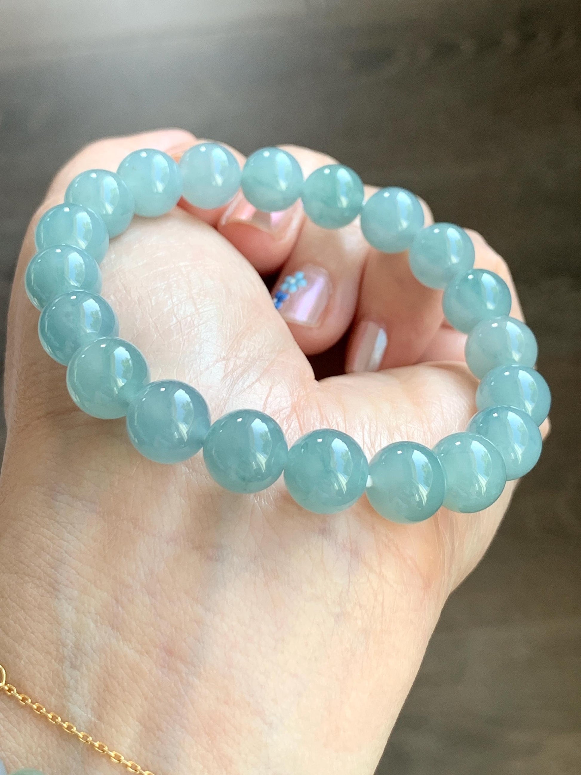 Natural Grade A Guatemalan Icy Highly Translucent Gelatinous Light Teal Blue Jadeite Beaded Bracelet 7.25” 9.7mm 30g 天然冰胶危浅蓝翡翠圆珠手串 WTL308