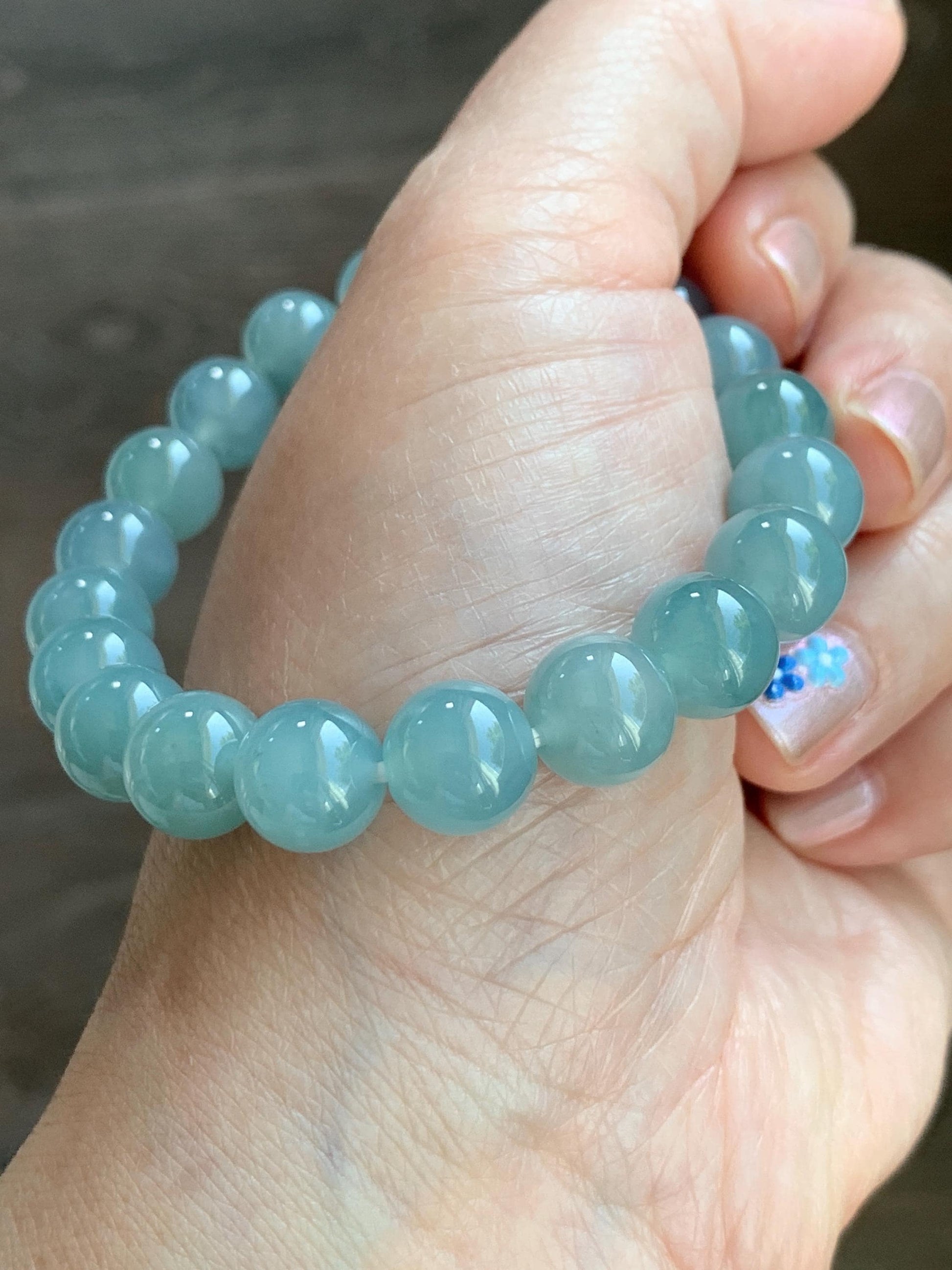 Natural Grade A Guatemalan Icy Highly Translucent Gelatinous Light Teal Blue Jadeite Beaded Bracelet 7.25” 9.7mm 30g 天然冰胶危浅蓝翡翠圆珠手串 WTL308