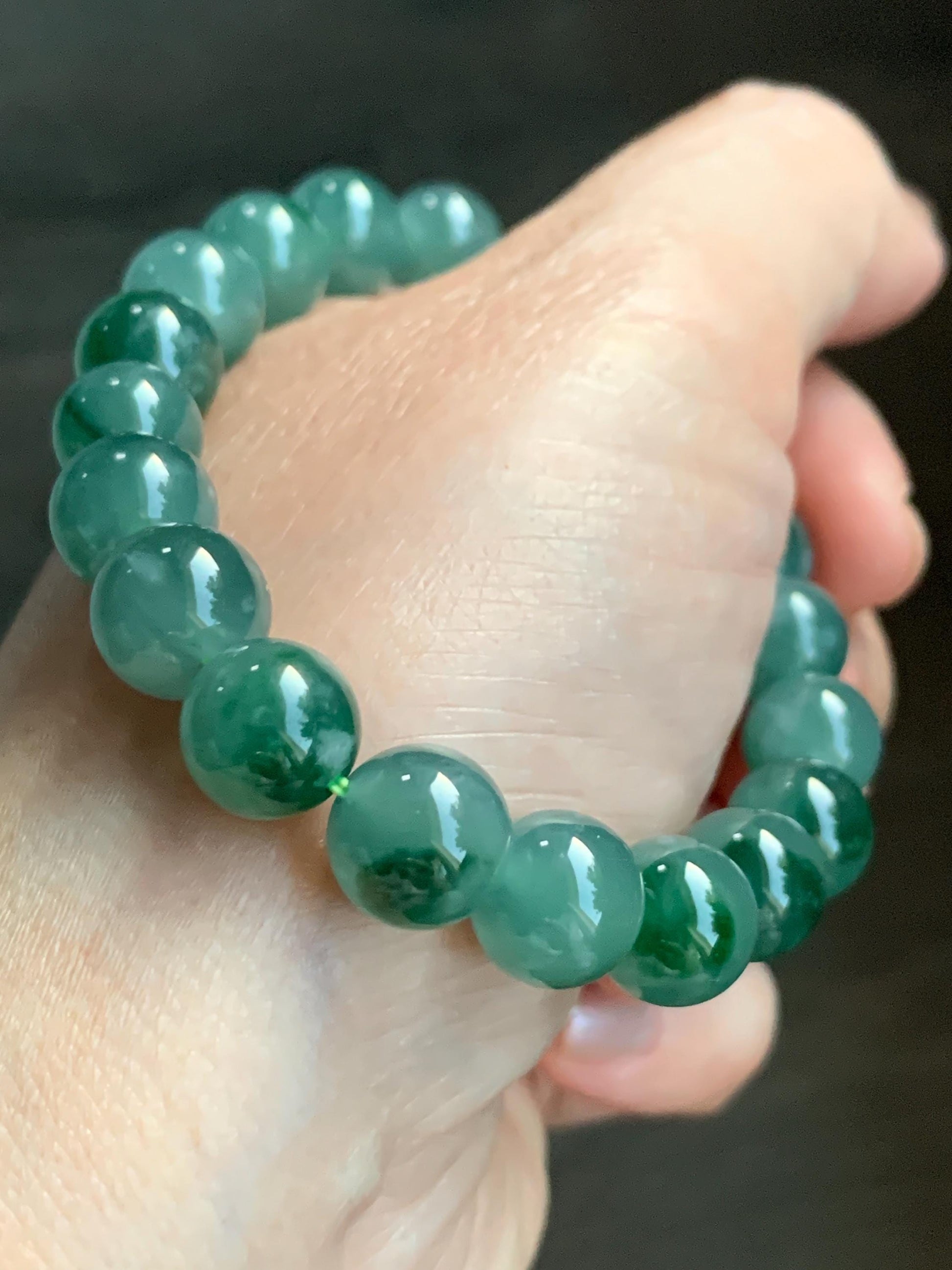 Certified Natural Grade A Guatemalan Icy Translucent Light Green Marbled Jade Jadeite Beaded Bracelet 7.25” 32.5g 天然冰胶危晴飘绿花翡翠圆珠手串 9961