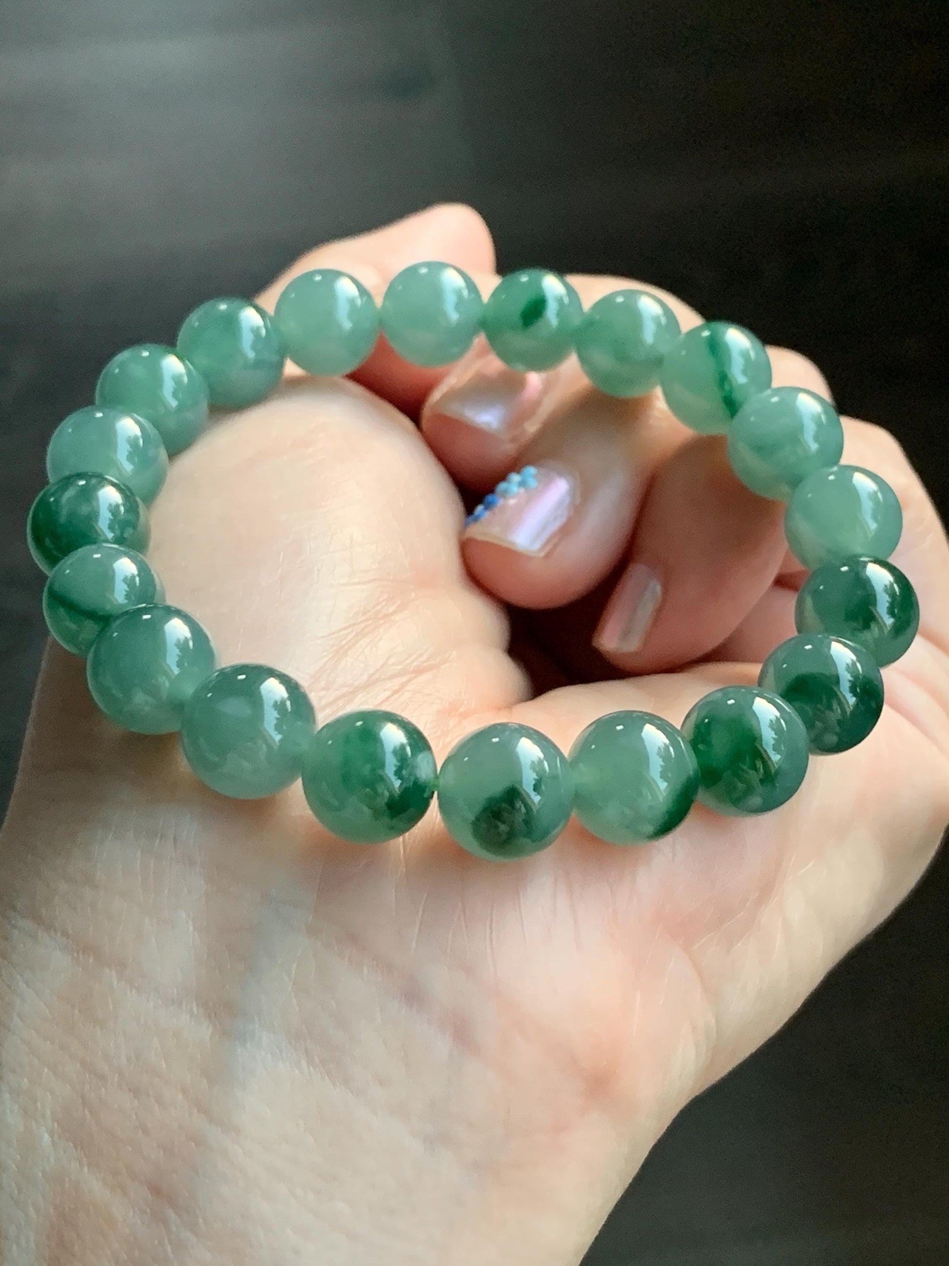 Certified Natural Grade A Guatemalan Icy Translucent Light Green Marbled Jade Jadeite Beaded Bracelet 7.25” 32.5g 天然冰胶危晴飘绿花翡翠圆珠手串 9961