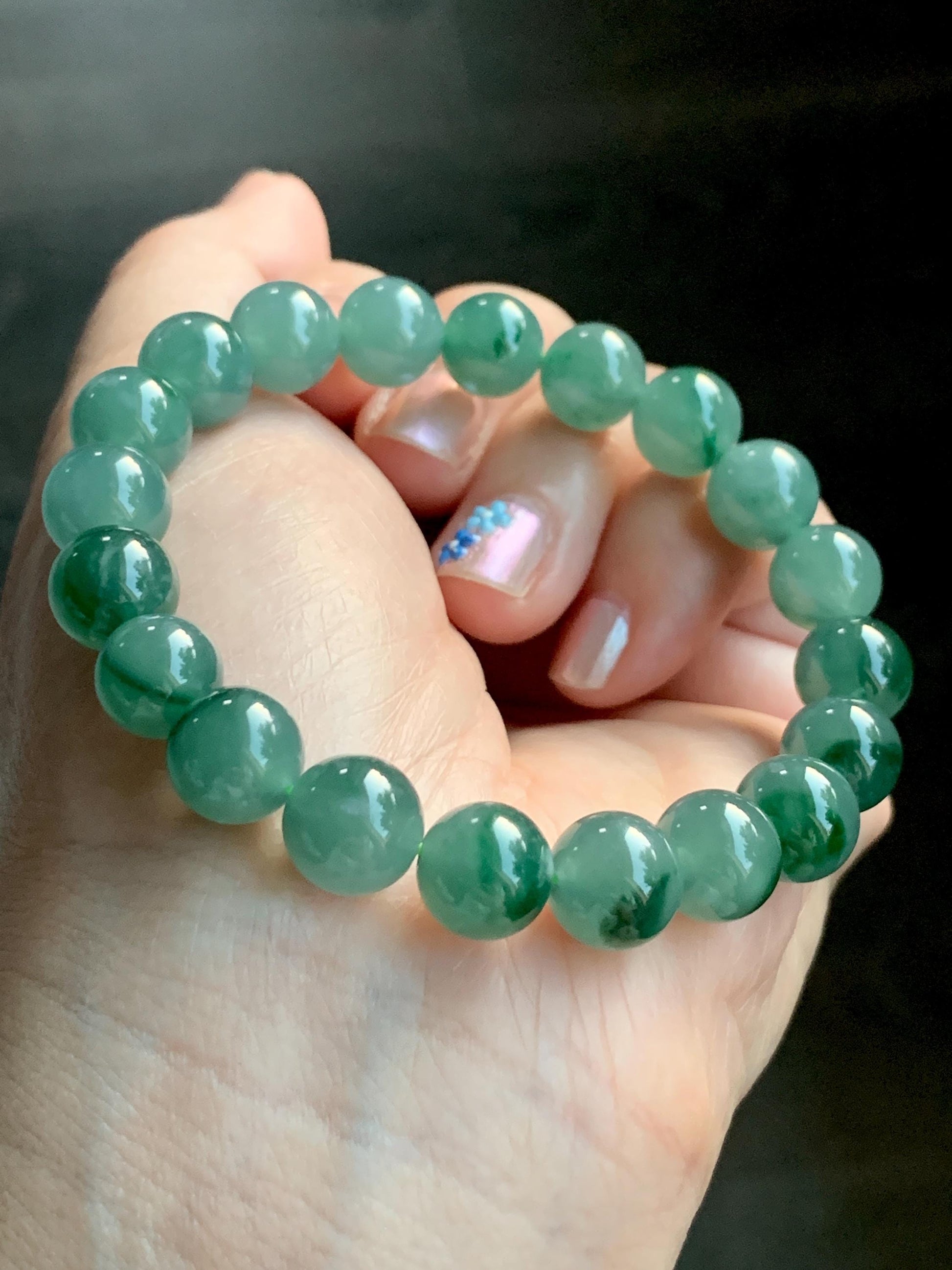 Certified Natural Grade A Guatemalan Icy Translucent Light Green Marbled Jade Jadeite Beaded Bracelet 7.25” 32.5g 天然冰胶危晴飘绿花翡翠圆珠手串 9961