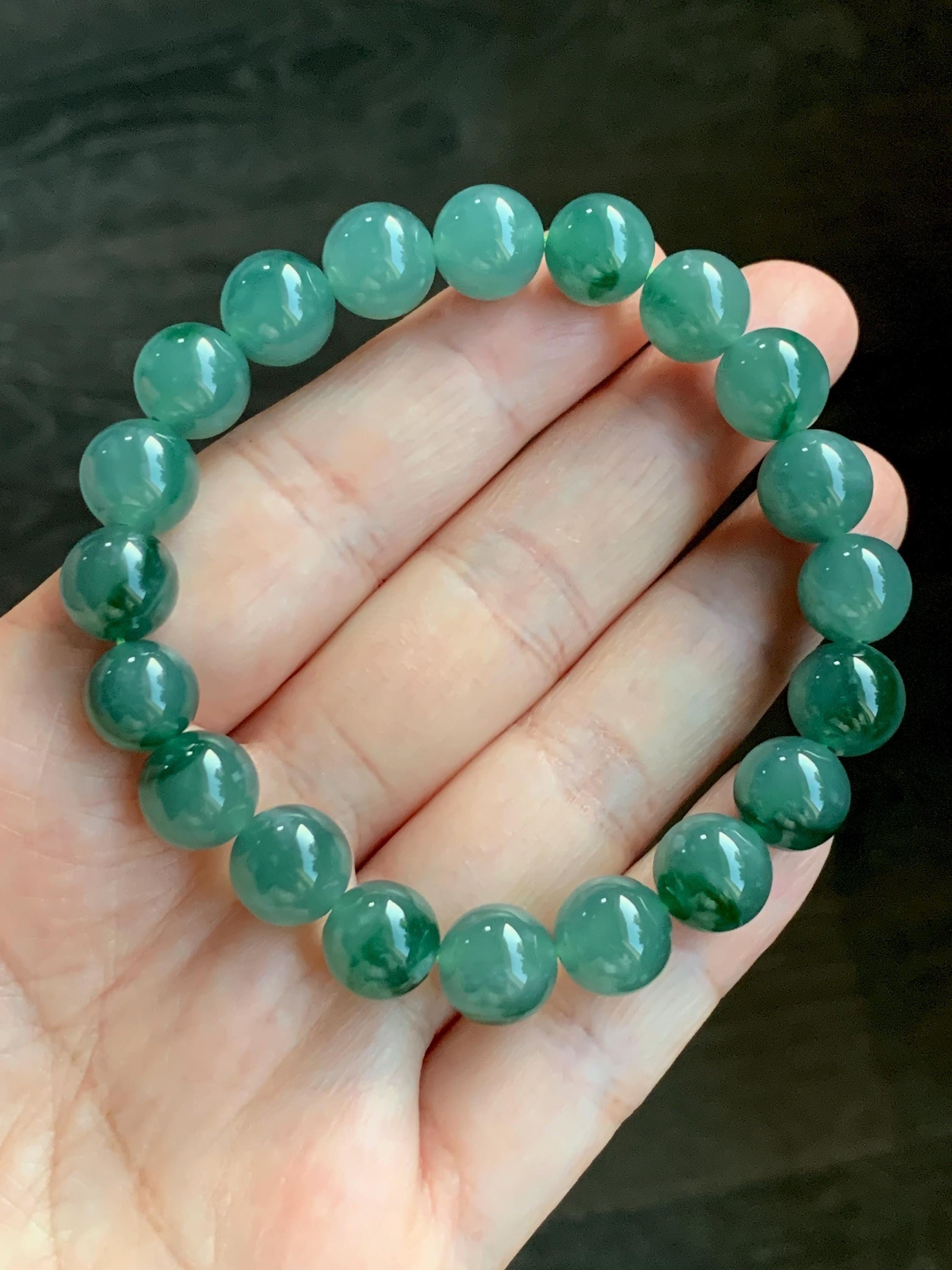Certified Natural Grade A Guatemalan Icy Translucent Light Green Marbled Jade Jadeite Beaded Bracelet 7.25” 32.5g 天然冰胶危晴飘绿花翡翠圆珠手串 9961