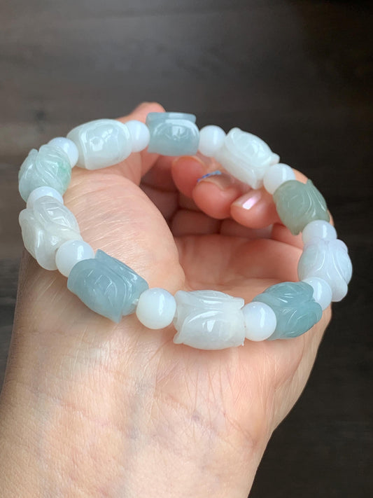 Natural Grade A Icy Translucent Multicolored Jade Jadeite Carved Turtle Shell Charm Beaded Bracelet 8” 46g Stretchy 天然冰多宝色翡翠富甲玛瑙手串 FJD336