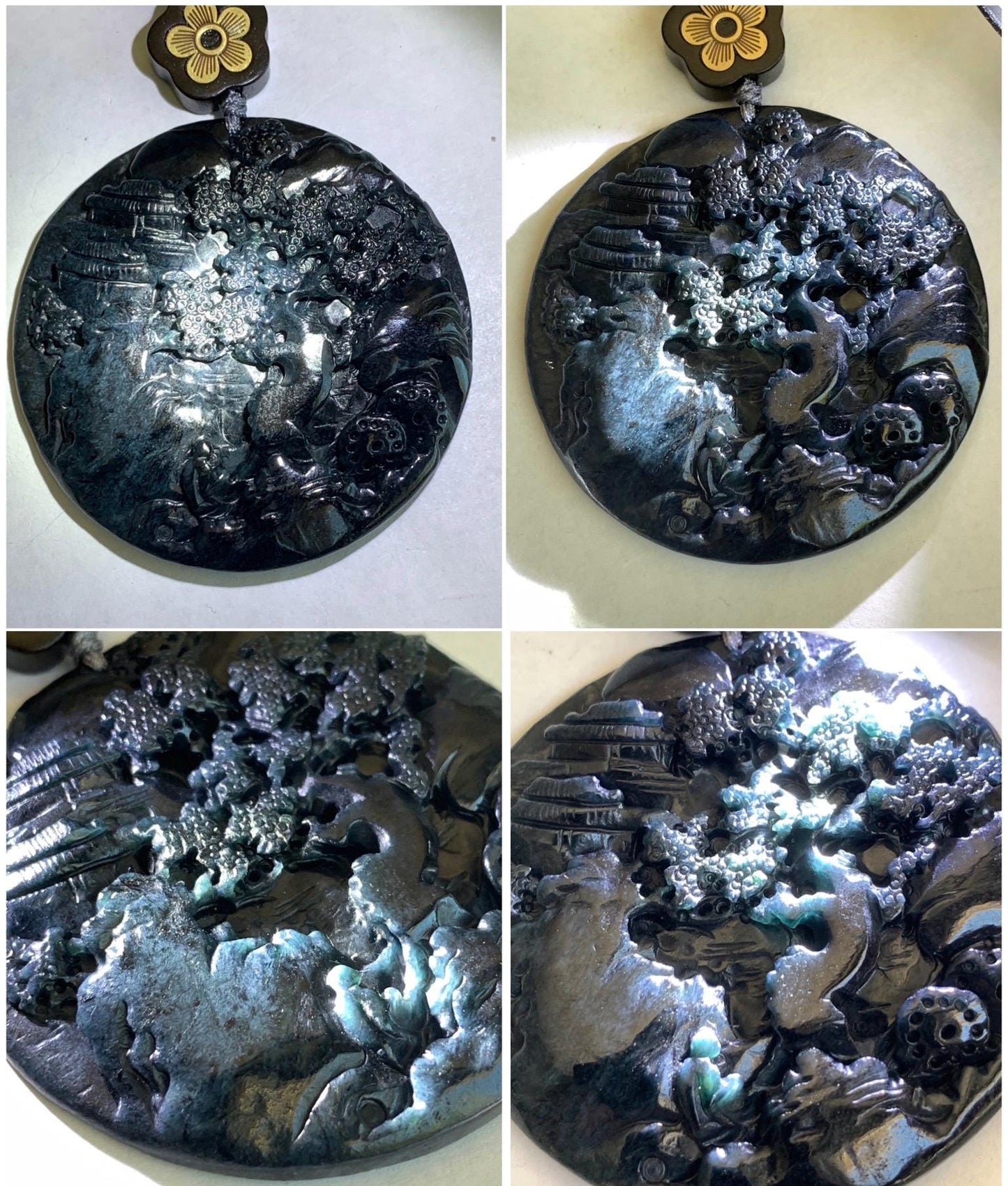Large Natural Grade A Guatemalan Opaque Black Jadeite Carved Shan Shui Scenery Landscape Pendant Rope Necklace 32” 47g 天然危墨翠翡翠山水牌吊坠 WQM280