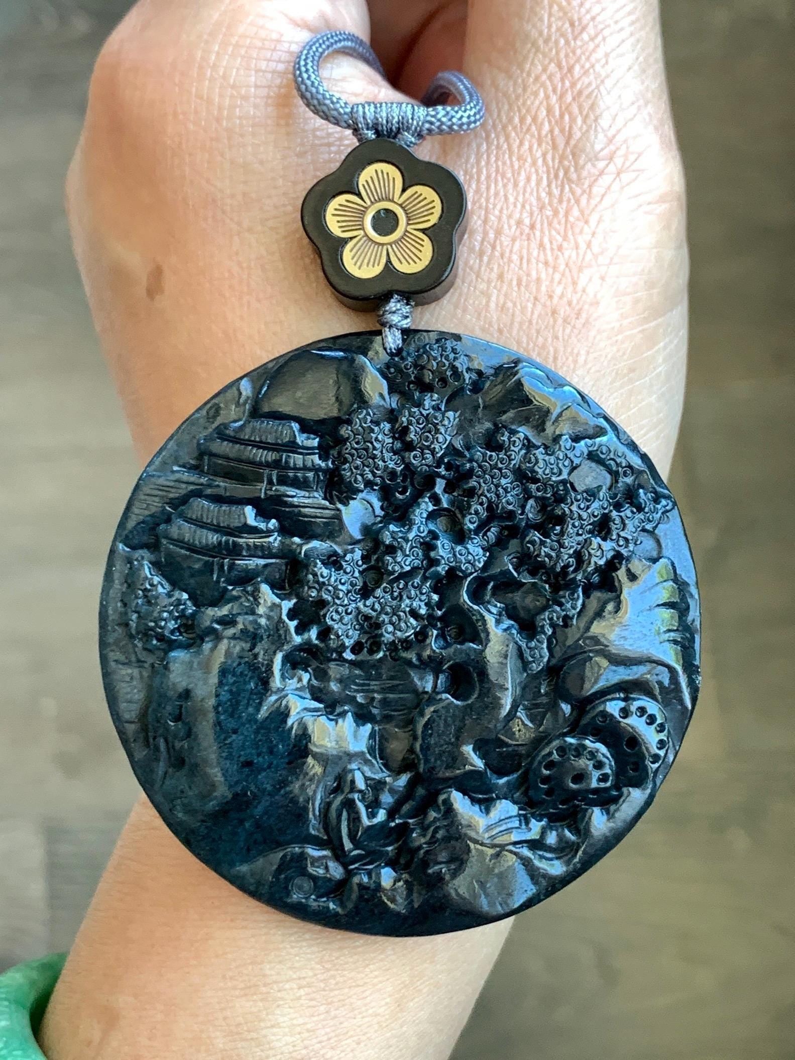 Large Natural Grade A Guatemalan Opaque Black Jadeite Carved Shan Shui Scenery Landscape Pendant Rope Necklace 32” 47g 天然危墨翠翡翠山水牌吊坠 WQM280