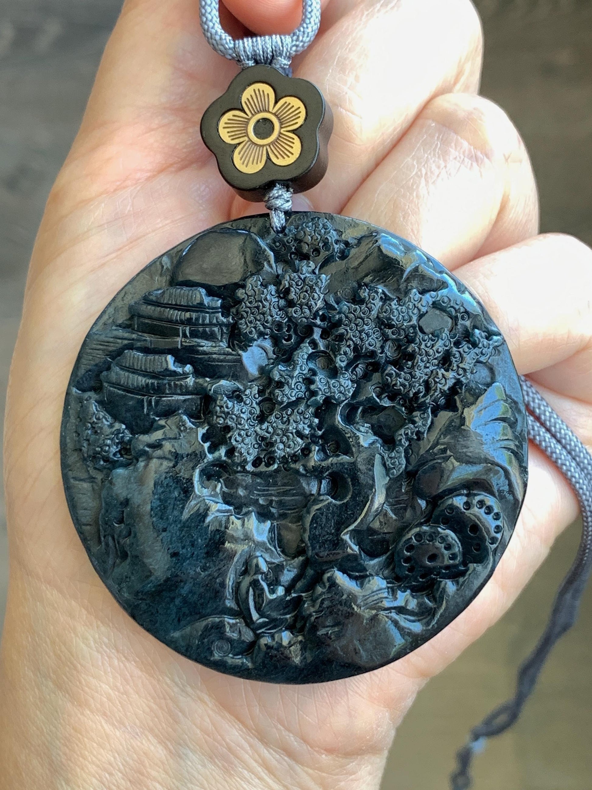 Large Natural Grade A Guatemalan Opaque Black Jadeite Carved Shan Shui Scenery Landscape Pendant Rope Necklace 32” 47g 天然危墨翠翡翠山水牌吊坠 WQM280