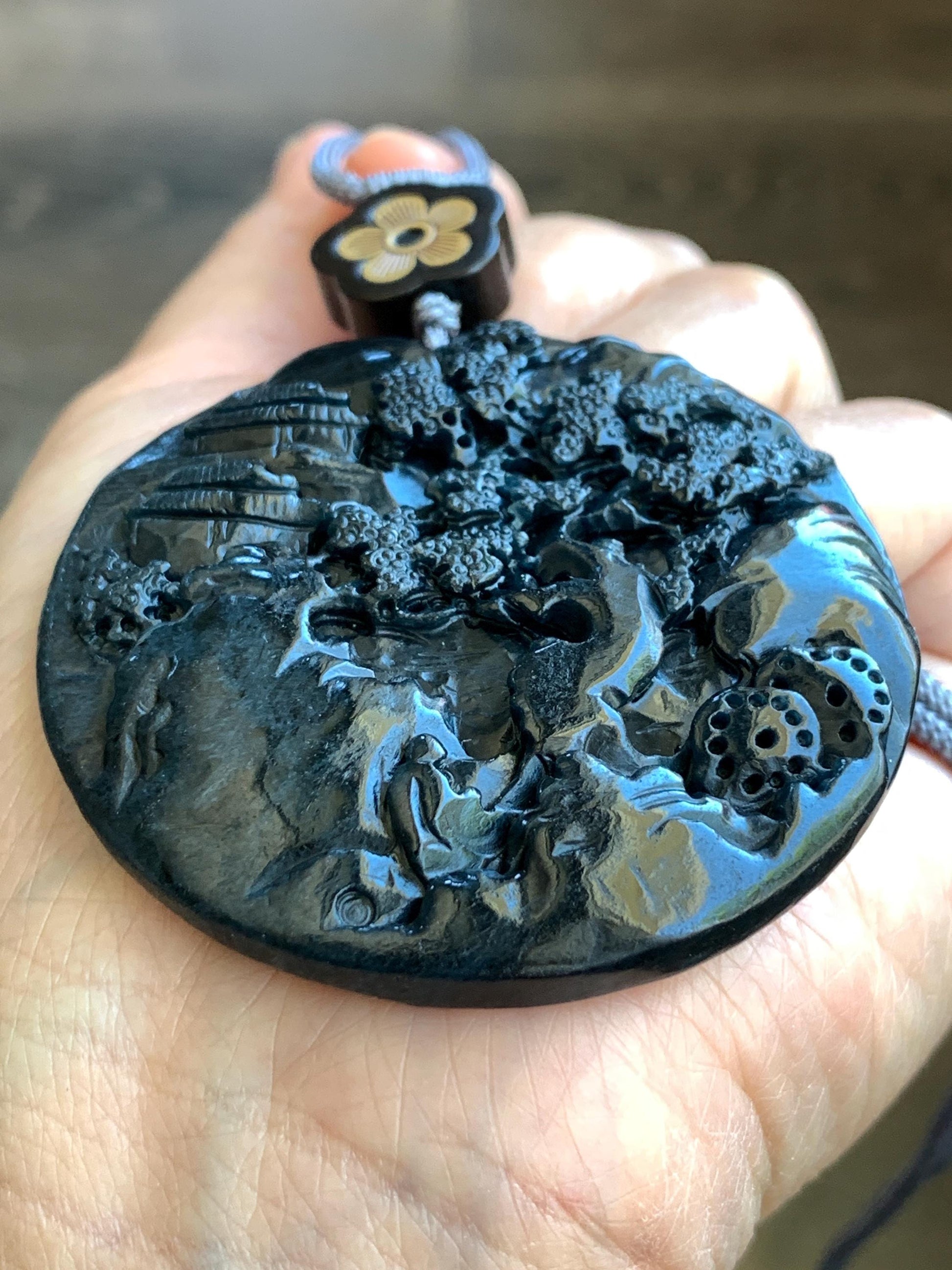 Large Natural Grade A Guatemalan Opaque Black Jadeite Carved Shan Shui Scenery Landscape Pendant Rope Necklace 32” 47g 天然危墨翠翡翠山水牌吊坠 WQM280