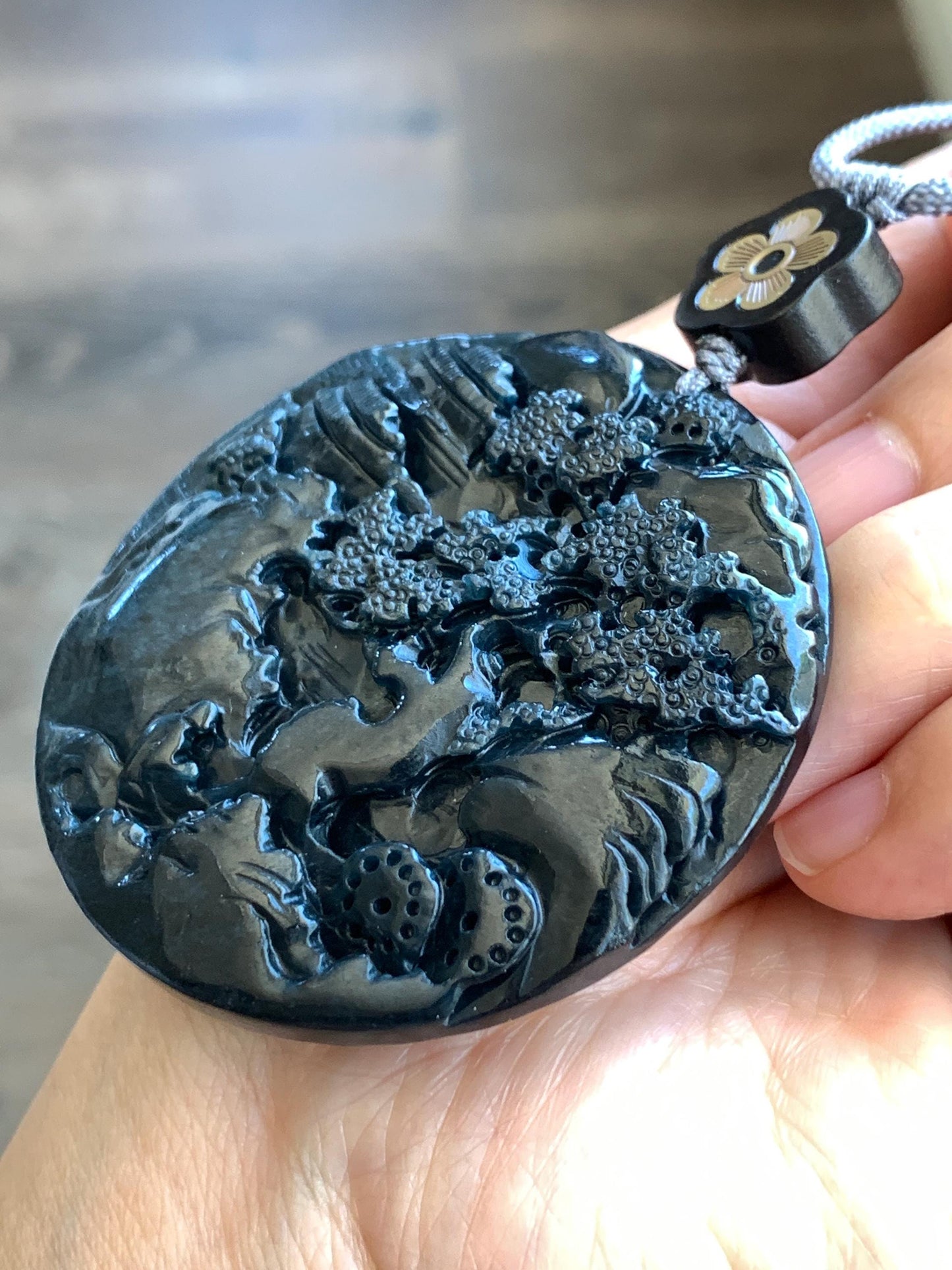 Large Natural Grade A Guatemalan Opaque Black Jadeite Carved Shan Shui Scenery Landscape Pendant Rope Necklace 32” 47g 天然危墨翠翡翠山水牌吊坠 WQM280