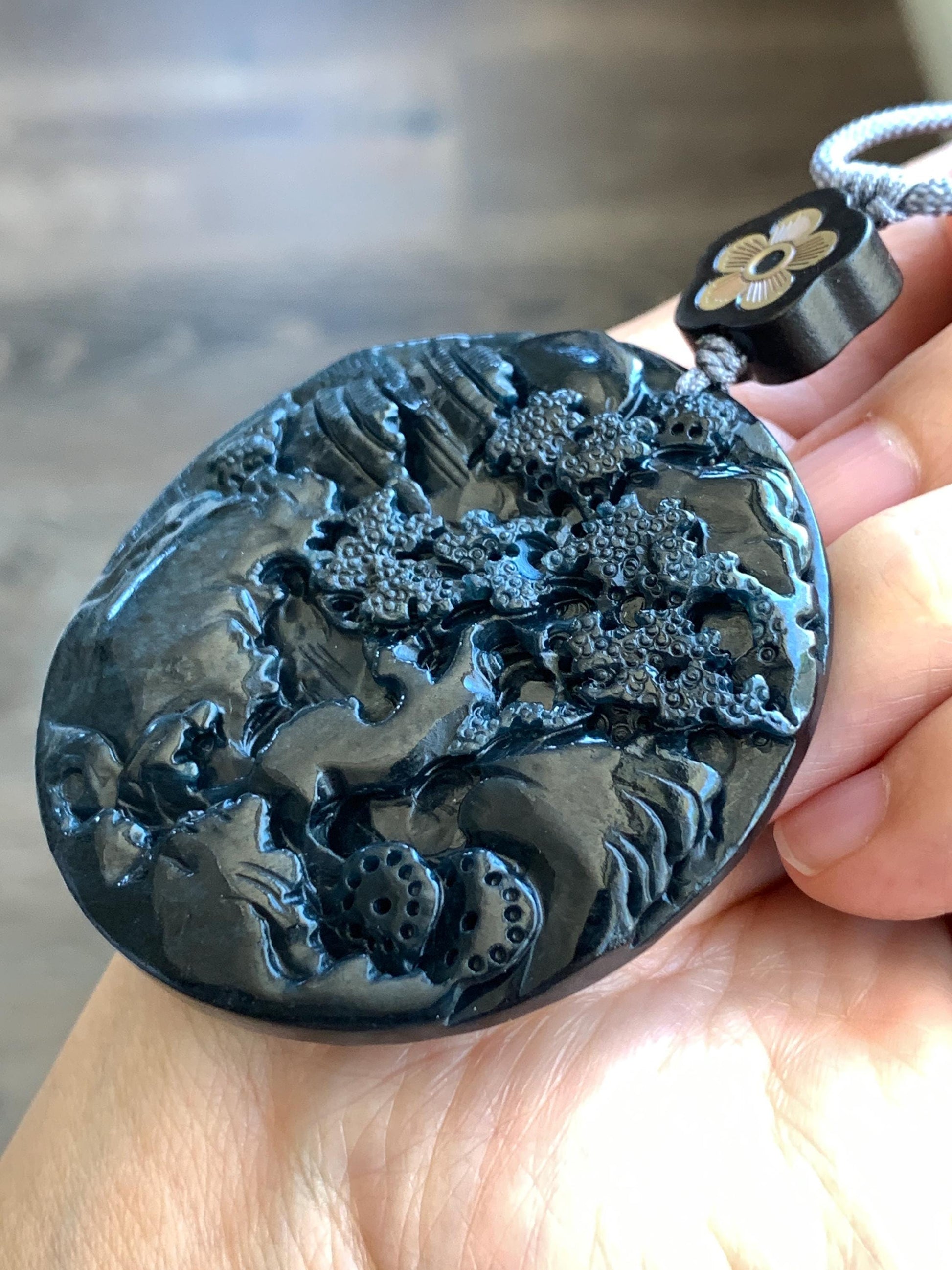 Large Natural Grade A Guatemalan Opaque Black Jadeite Carved Shan Shui Scenery Landscape Pendant Rope Necklace 32” 47g 天然危墨翠翡翠山水牌吊坠 WQM280