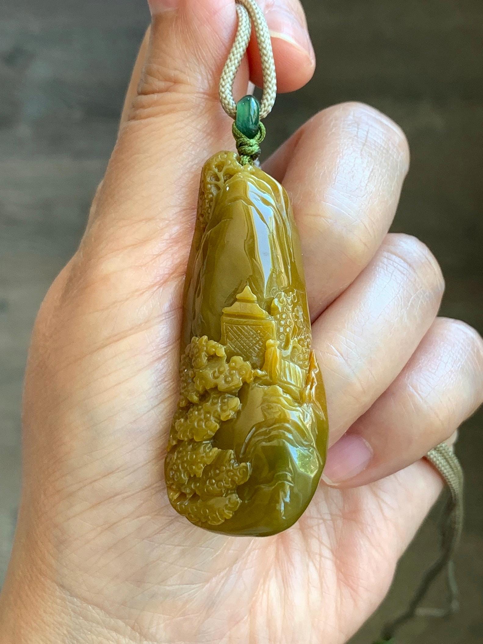 Natural Grade A Guatemalan Icy Translucent Golden Brown Jadeite Shan Shui Landscape Pendant Rope Necklace 32" 23g 天然冰危油黄翡翠精工雕山水吊坠项链 JYH280