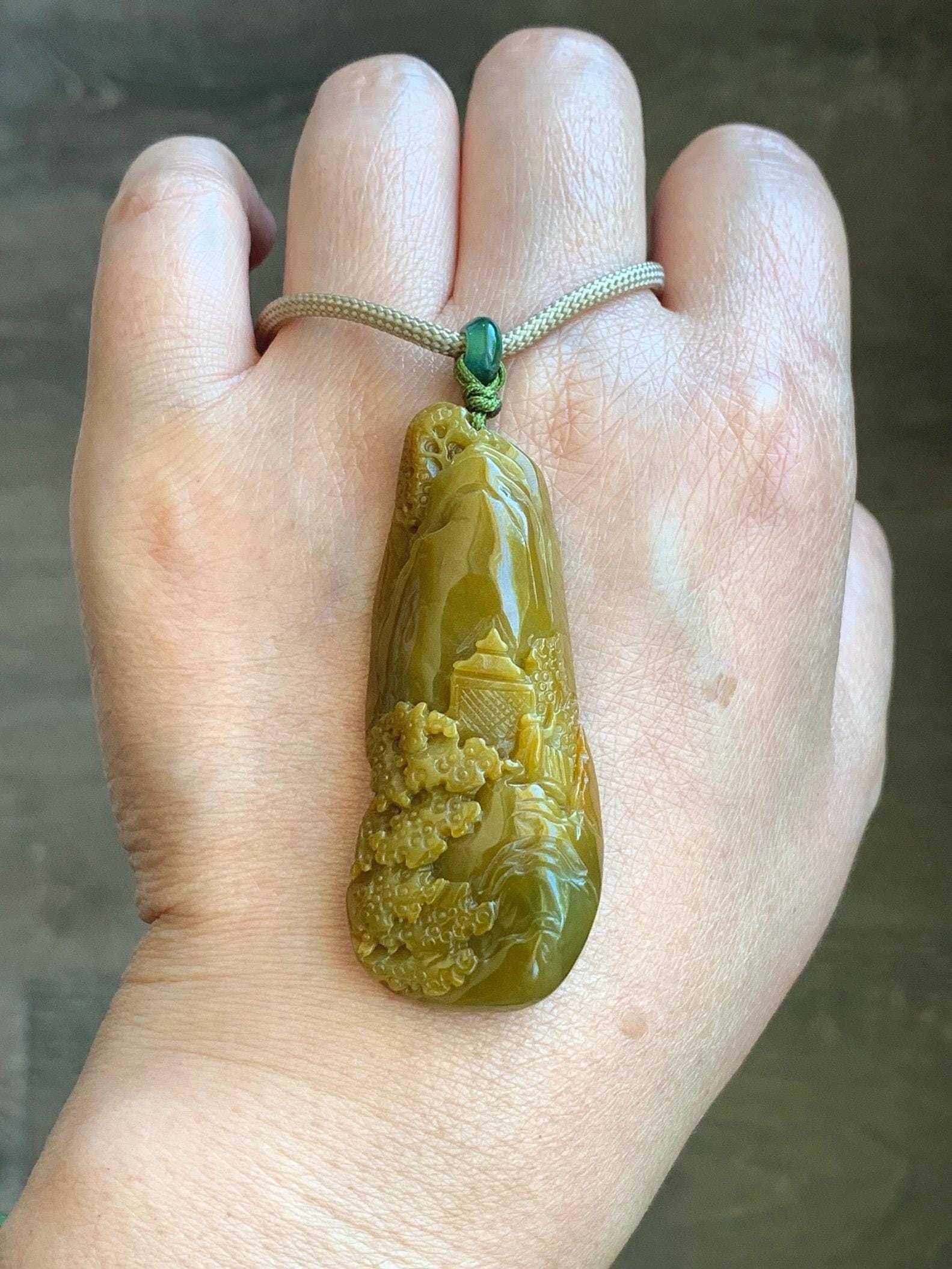 Natural Grade A Guatemalan Icy Translucent Golden Brown Jadeite Shan Shui Landscape Pendant Rope Necklace 32" 23g 天然冰危油黄翡翠精工雕山水吊坠项链 JYH280