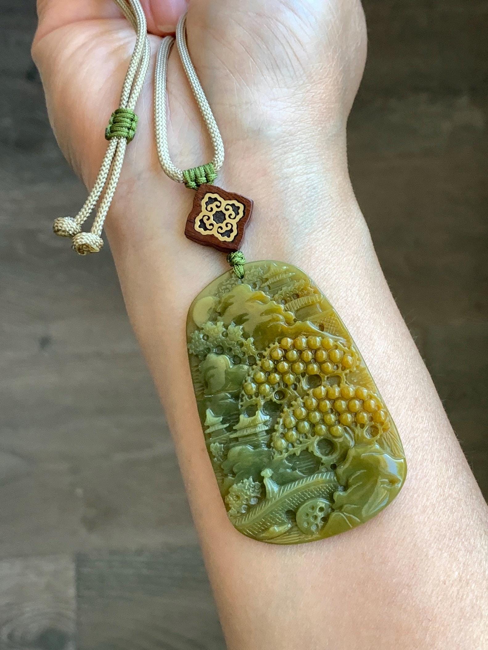 Certified Natural Guatemalan Icy Translucent Intense Yellow & Olive Green Jadeite Shan Shui Pendant Rope Necklace 30” 天然冰危鸡油黄加绿翡翠山水牌吊坠 9967