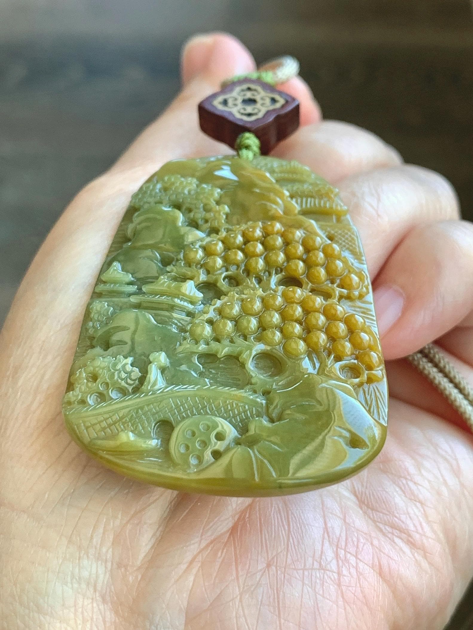 Certified Natural Guatemalan Icy Translucent Intense Yellow & Olive Green Jadeite Shan Shui Pendant Rope Necklace 30” 天然冰危鸡油黄加绿翡翠山水牌吊坠 9967