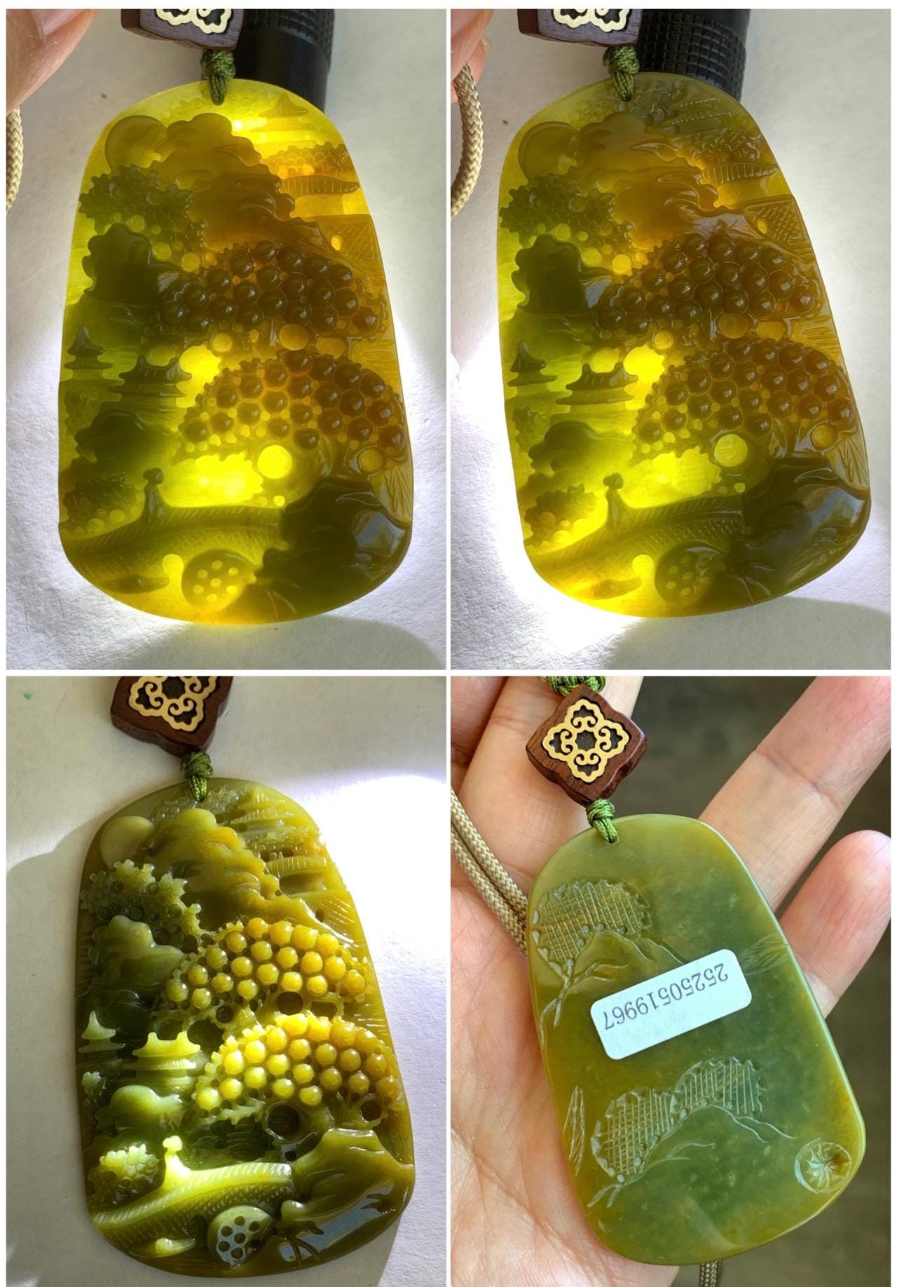 Certified Natural Guatemalan Icy Translucent Intense Yellow & Olive Green Jadeite Shan Shui Pendant Rope Necklace 30” 天然冰危鸡油黄加绿翡翠山水牌吊坠 9967