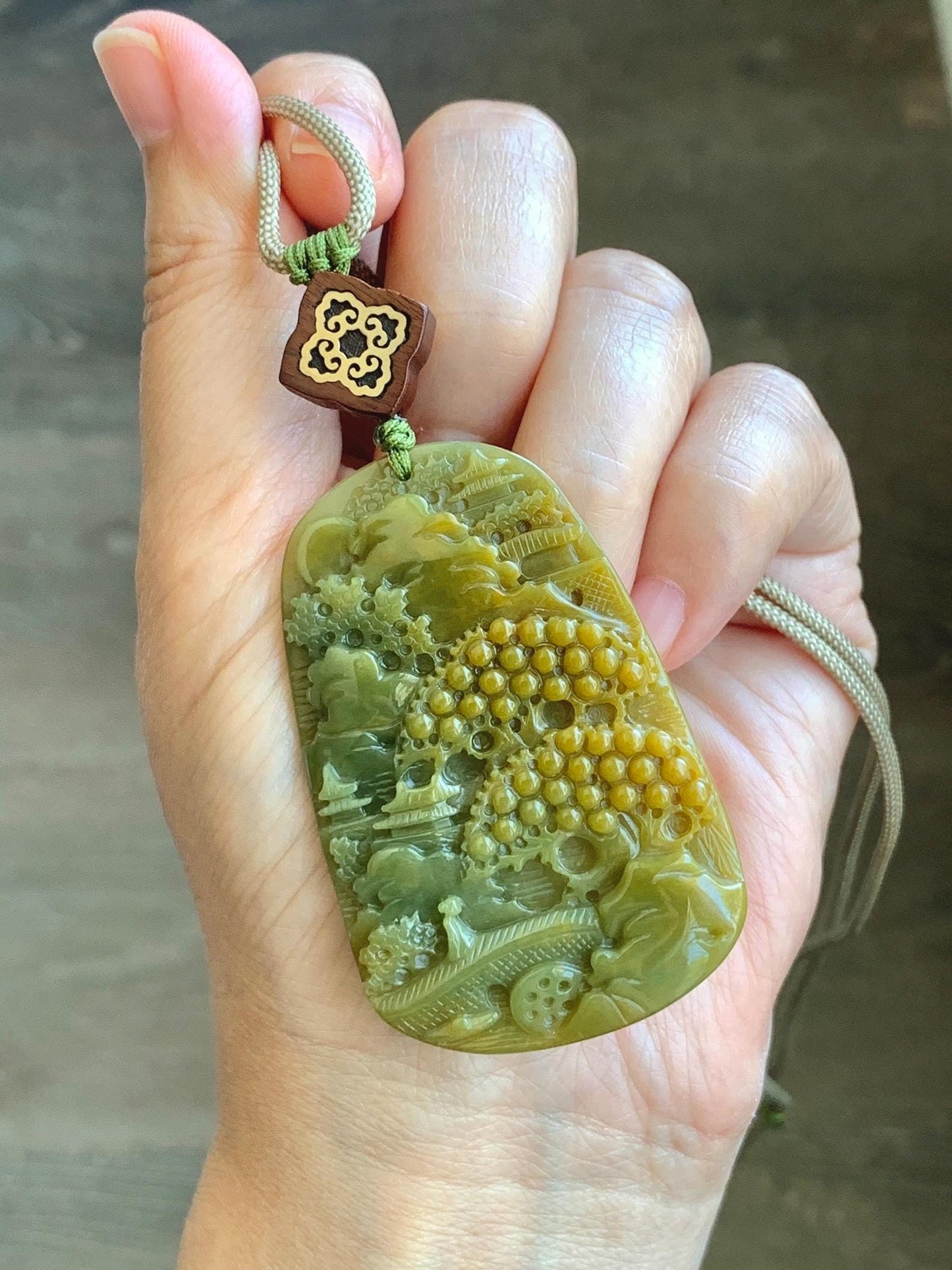 Certified Natural Guatemalan Icy Translucent Intense Yellow & Olive Green Jadeite Shan Shui Pendant Rope Necklace 30” 天然冰危鸡油黄加绿翡翠山水牌吊坠 9967