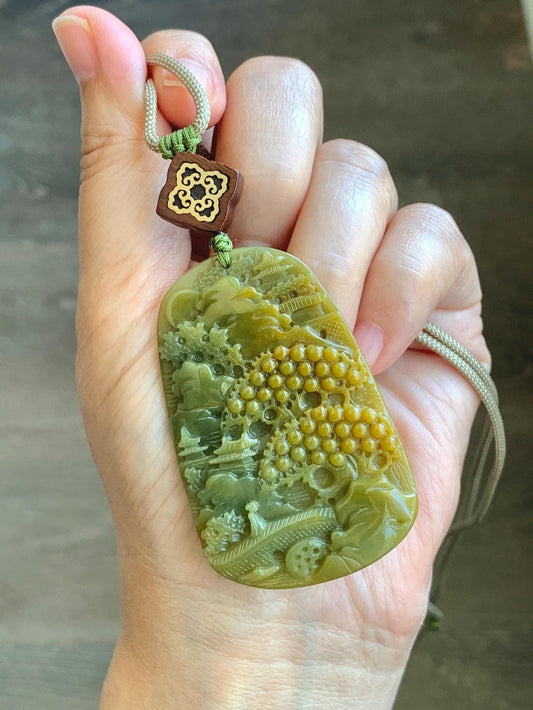 Certified Natural Guatemalan Icy Translucent Intense Yellow & Olive Green Jadeite Shan Shui Pendant Rope Necklace 30” 天然冰危鸡油黄加绿翡翠山水牌吊坠 9967