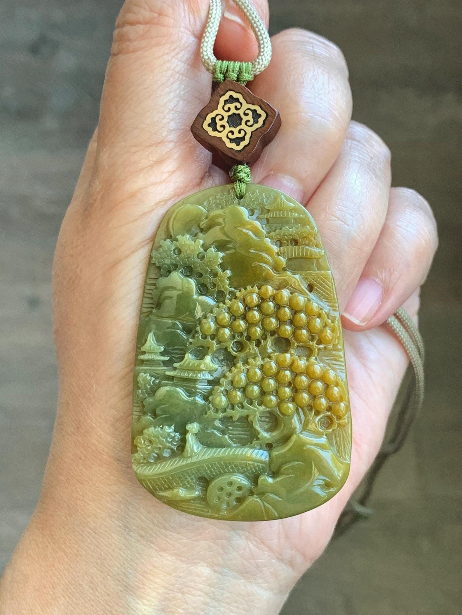 Certified Natural Guatemalan Icy Translucent Intense Yellow & Olive Green Jadeite Shan Shui Pendant Rope Necklace 30” 天然冰危鸡油黄加绿翡翠山水牌吊坠 9967