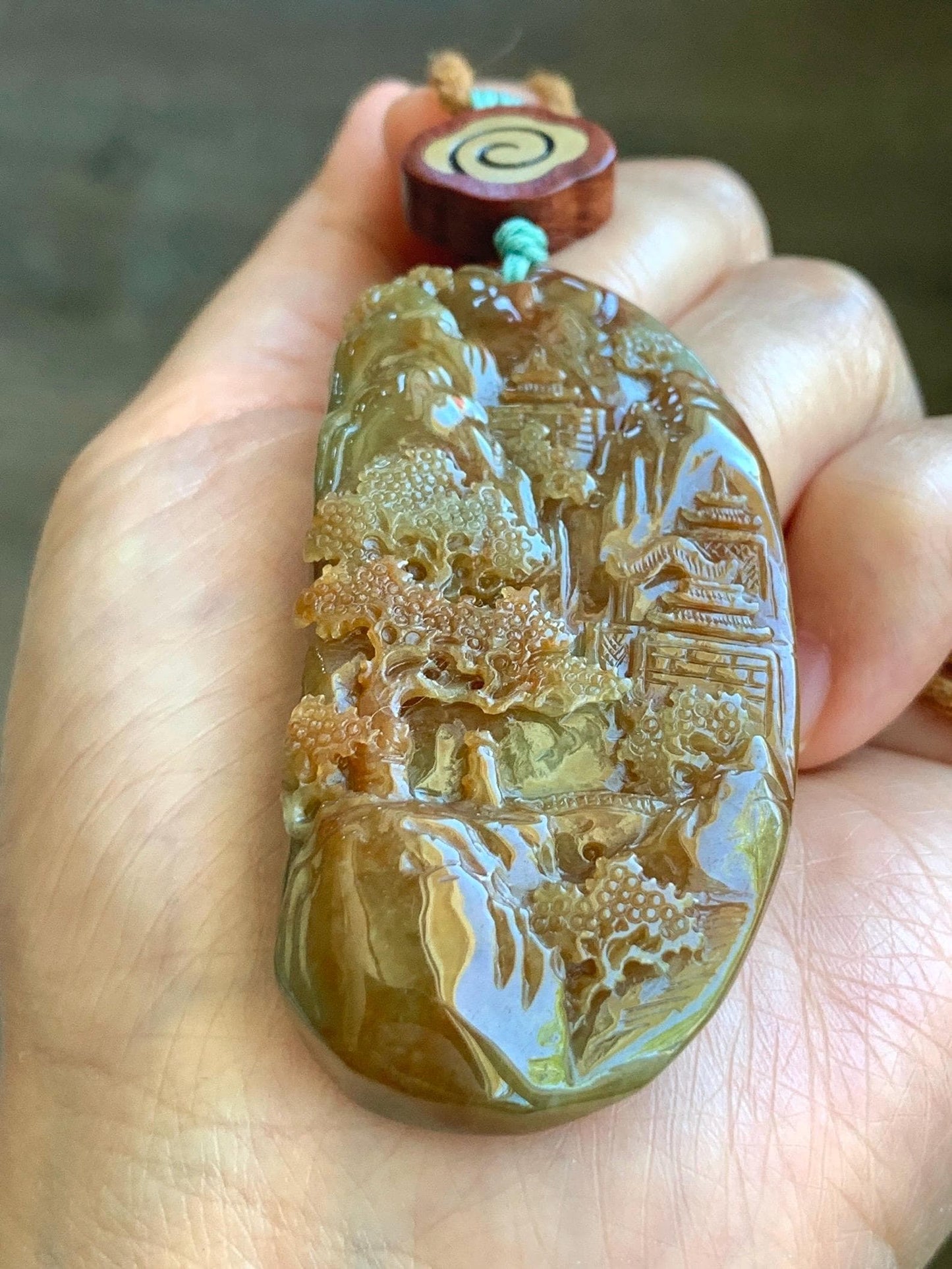 Large Certified Natural Grade A Icy Translucent Brownish Red & Dark Green Jadeite Shan Shui Pendant Rope Necklace 32” 天然冰红加绿翡翠山水牌吊坠 9966