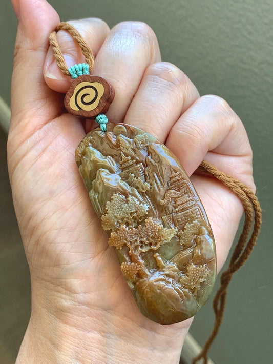 Large Certified Natural Grade A Icy Translucent Brownish Red & Dark Green Jadeite Shan Shui Pendant Rope Necklace 32” 天然冰红加绿翡翠山水牌吊坠 9966
