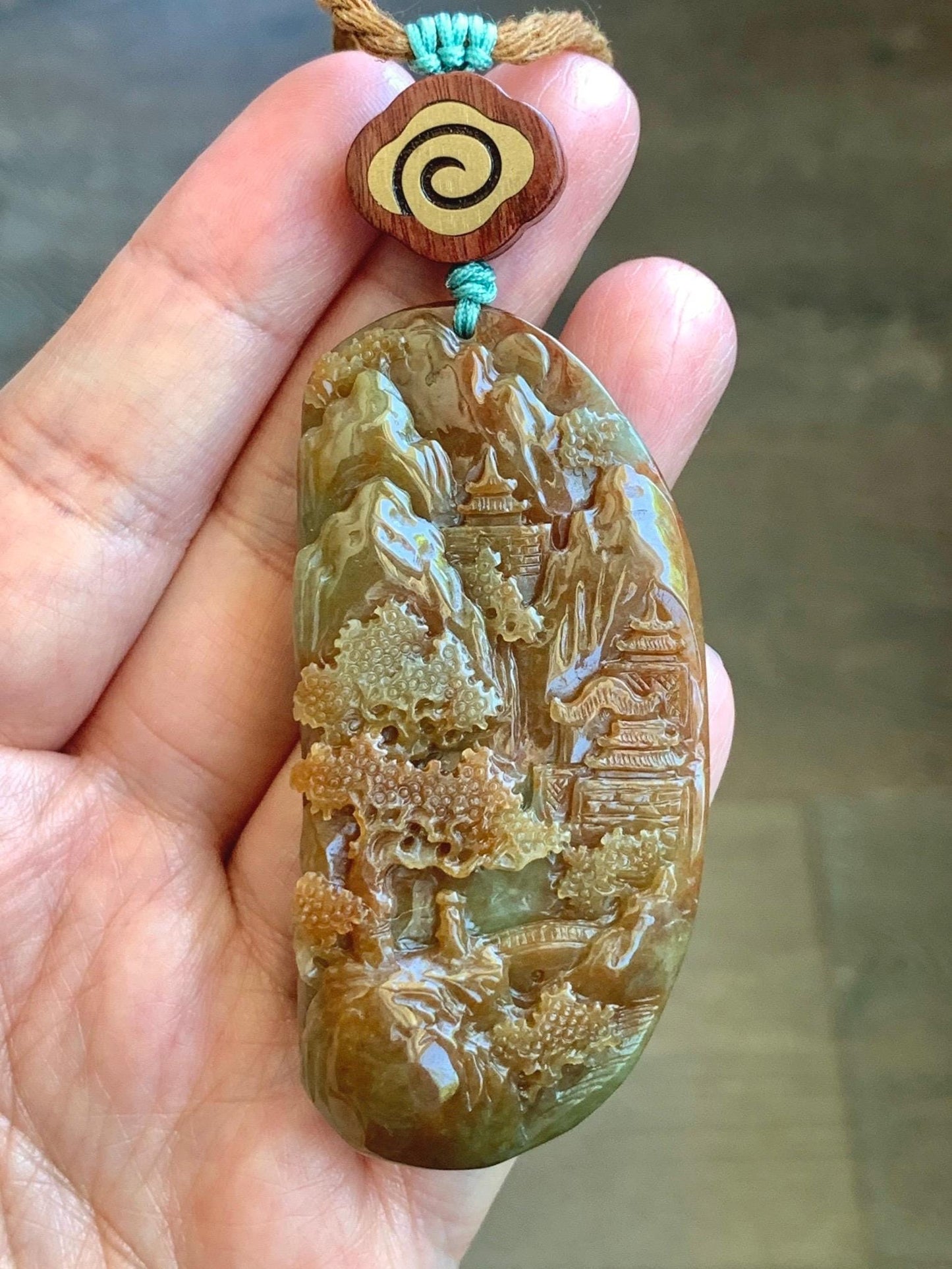 Large Certified Natural Grade A Icy Translucent Brownish Red & Dark Green Jadeite Shan Shui Pendant Rope Necklace 32” 天然冰红加绿翡翠山水牌吊坠 9966