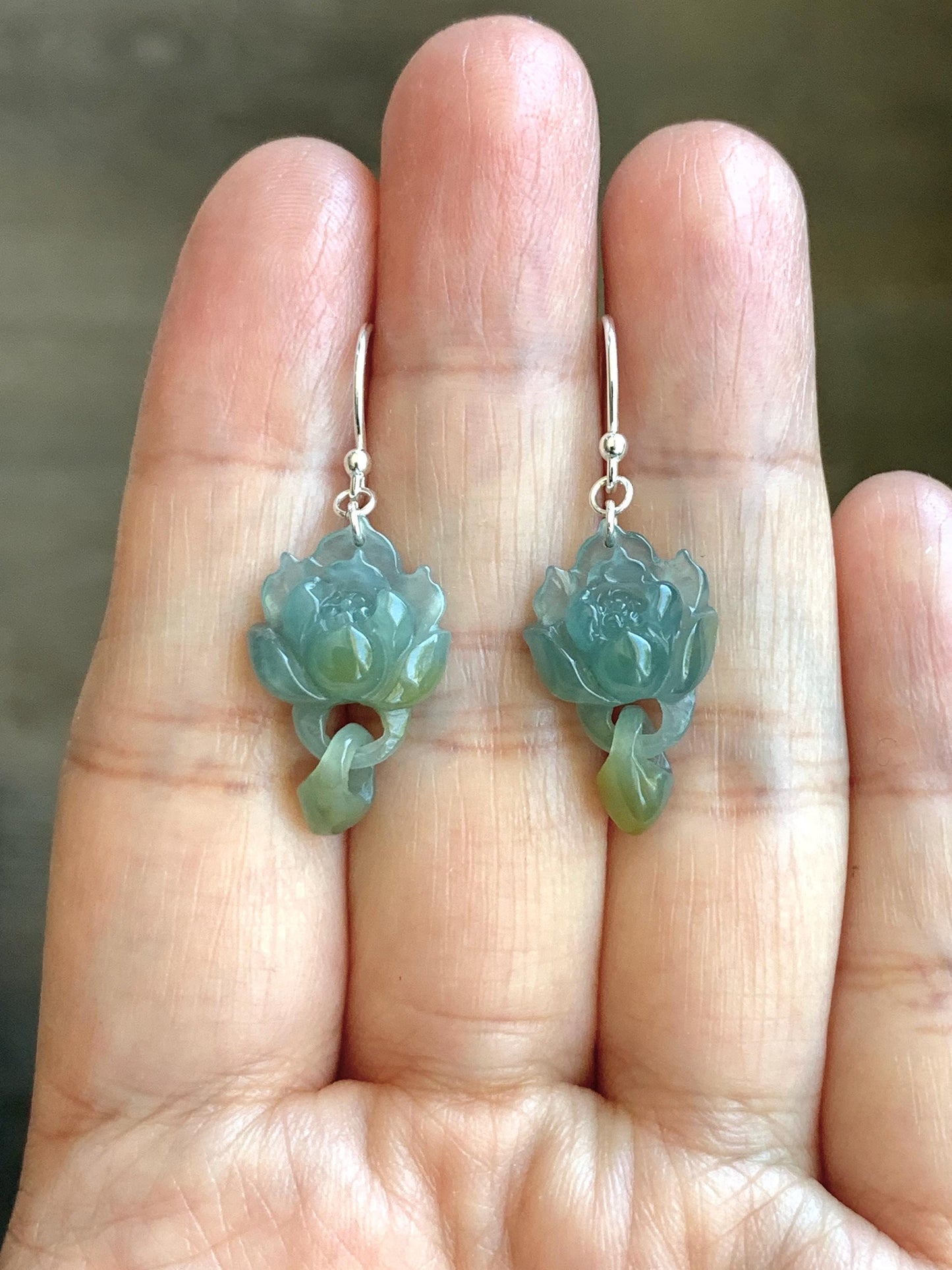 Natural Guatemalan Icy Translucent Light Blue Jadeite Lotus Flower w/ Interlocking Drops Dangle Earrings Sterling Silver 天然冰危蓝飘黄翡翠莲花环环相扣银耳钩