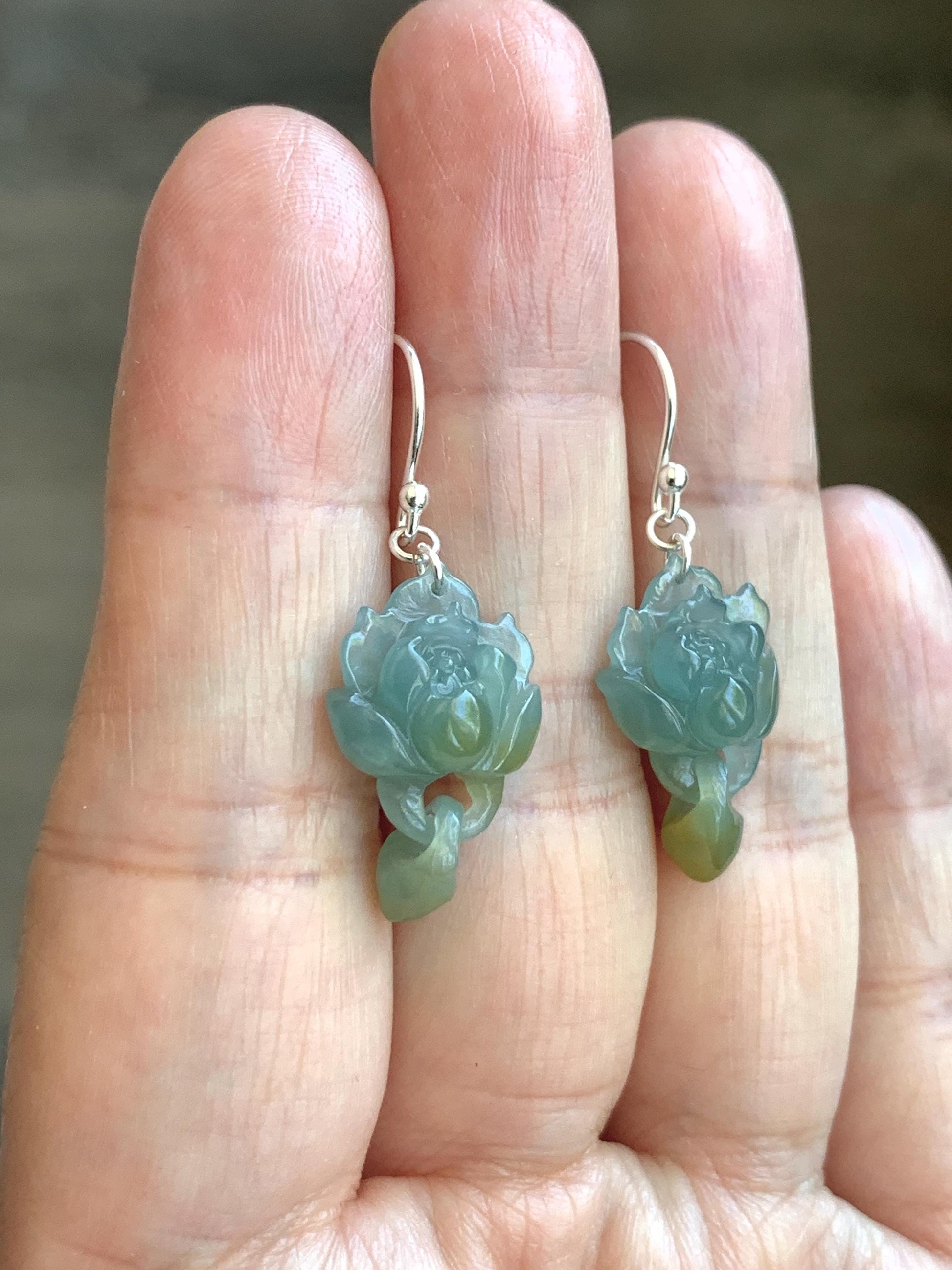 Natural Guatemalan Icy Translucent Light Blue Jadeite Lotus Flower w/ Interlocking Drops Dangle Earrings Sterling Silver 天然冰危蓝飘黄翡翠莲花环环相扣银耳钩