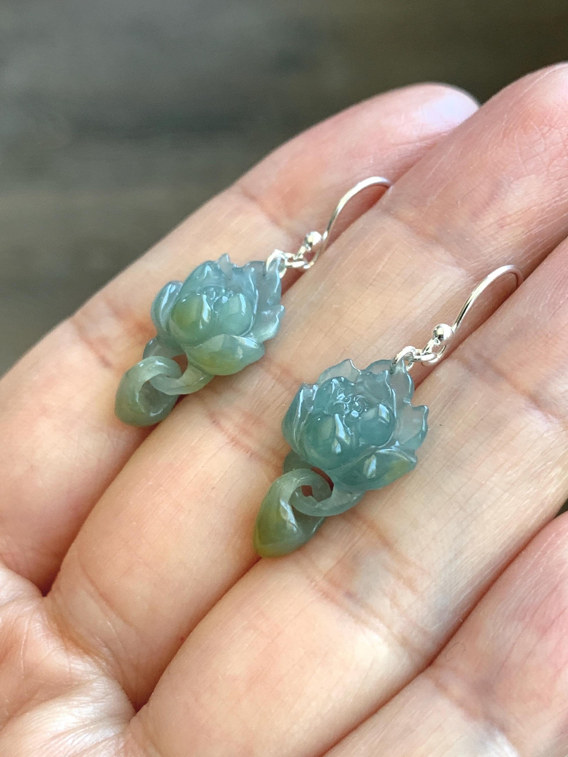 Natural Guatemalan Icy Translucent Light Blue Jadeite Lotus Flower w/ Interlocking Drops Dangle Earrings Sterling Silver 天然冰危蓝飘黄翡翠莲花环环相扣银耳钩
