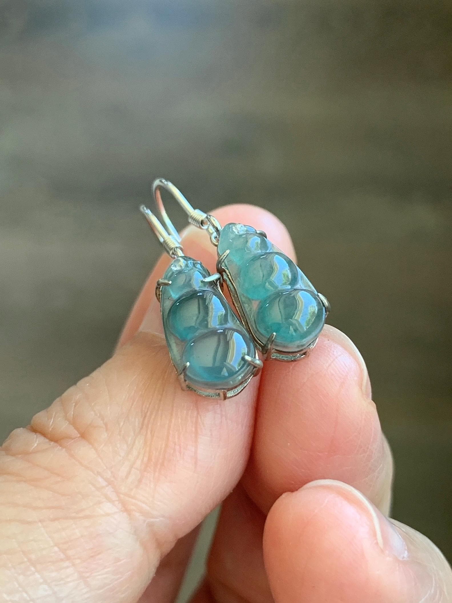 Natural Grade A Guatemalan Icy Highly Translucent Teal Blue Jadeite Petite Peapod Dangle Earrings Sterling Silver 天然冰危蓝翡翠福豆银耳钩 WXD55