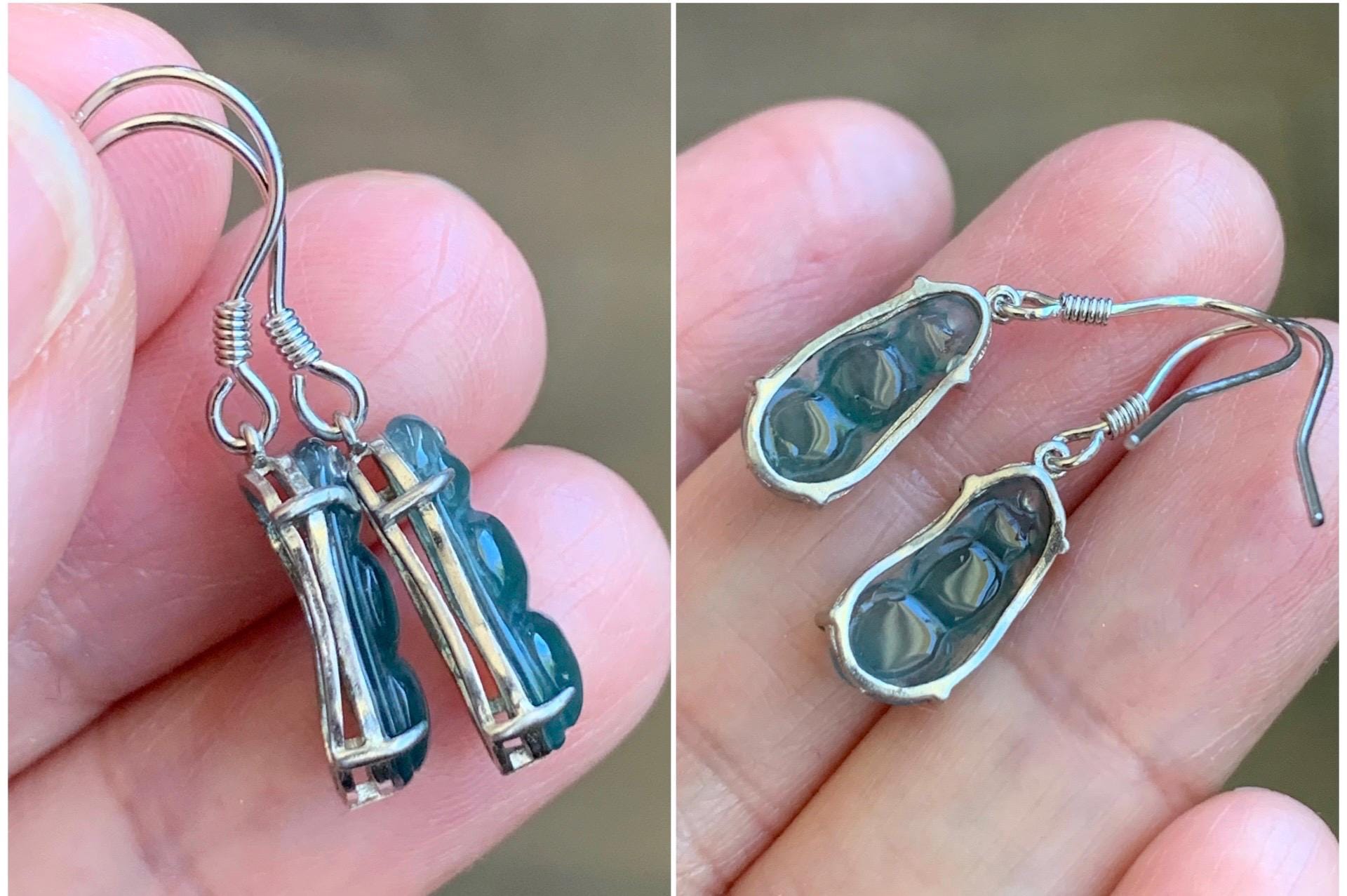 Natural Grade A Guatemalan Icy Highly Translucent Teal Blue Jadeite Petite Peapod Dangle Earrings Sterling Silver 天然冰危蓝翡翠福豆银耳钩 WXD55