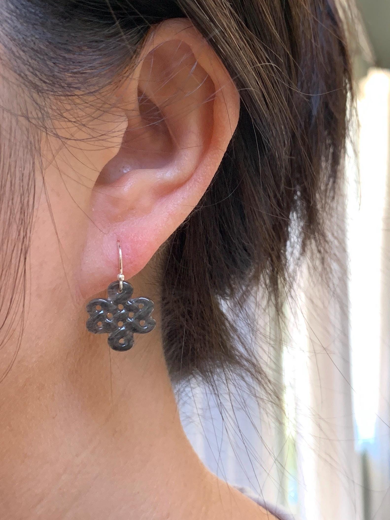 Natural Grade A Guatemalan Icy Highly Translucent Wuji Jadeite Carved Chinese Knot Dangle Earrings Sterling Silver 天然冰危乌鸡翡翠中国结银耳钩 WJJ55